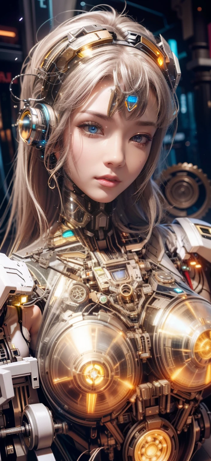 Cyborg woman, half mechanical body, beautiful detailed eyes, beautiful detailed lips, highly detailed face and skin, long eyelashes, futuristic cyberpunk style, intricate mechanical parts and gears, glowing neon highlights, dramatic lighting, cinematic composition, dynamic pose, high quality, 4k, photorealistic, detailed mechanical, technology, sci-fi, chrome, steel, futuristic, striking colors, conceptual art