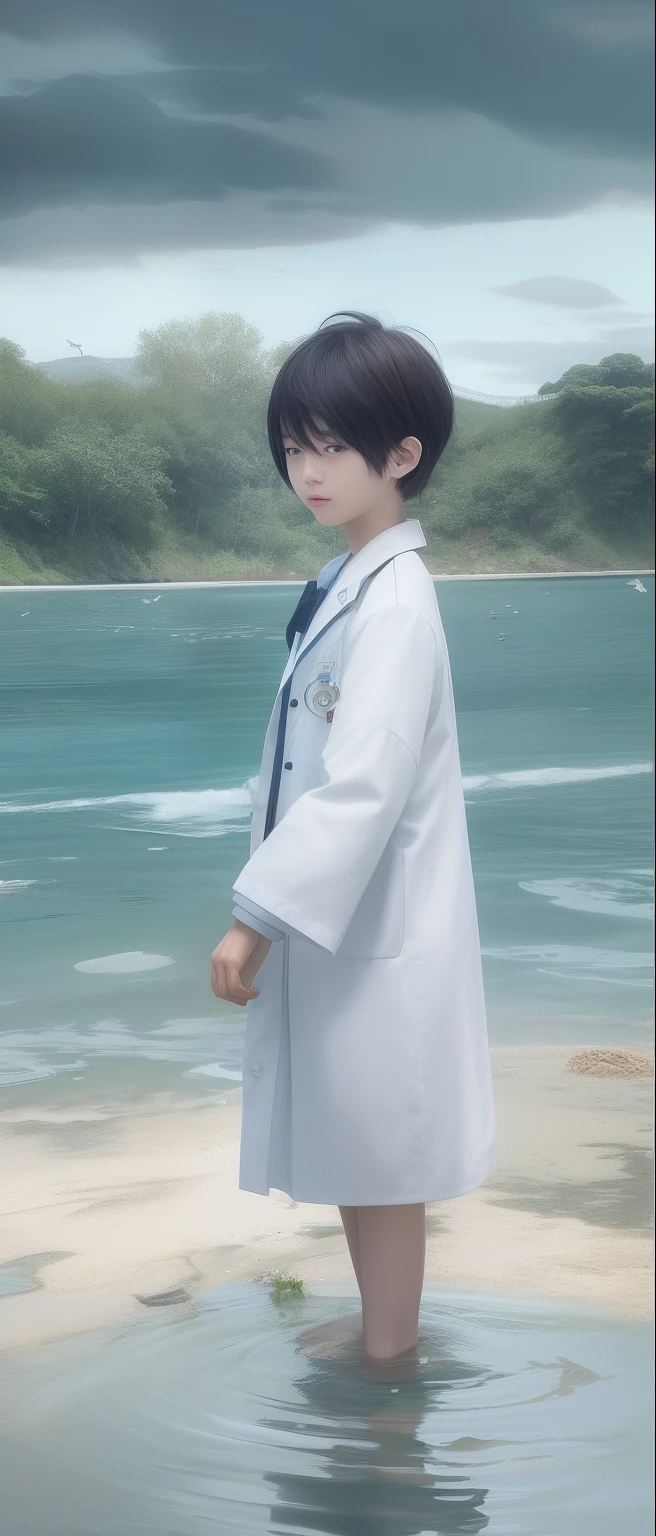 ((4k,masterpiece,best quality)), shuimobysim, Apathetic wind, Bottle, Lab coats, maxiskit, Dress conservatively 1boy, solo, with short black hair, apathy, standing on your feet, Feet in the water, The barefoot,