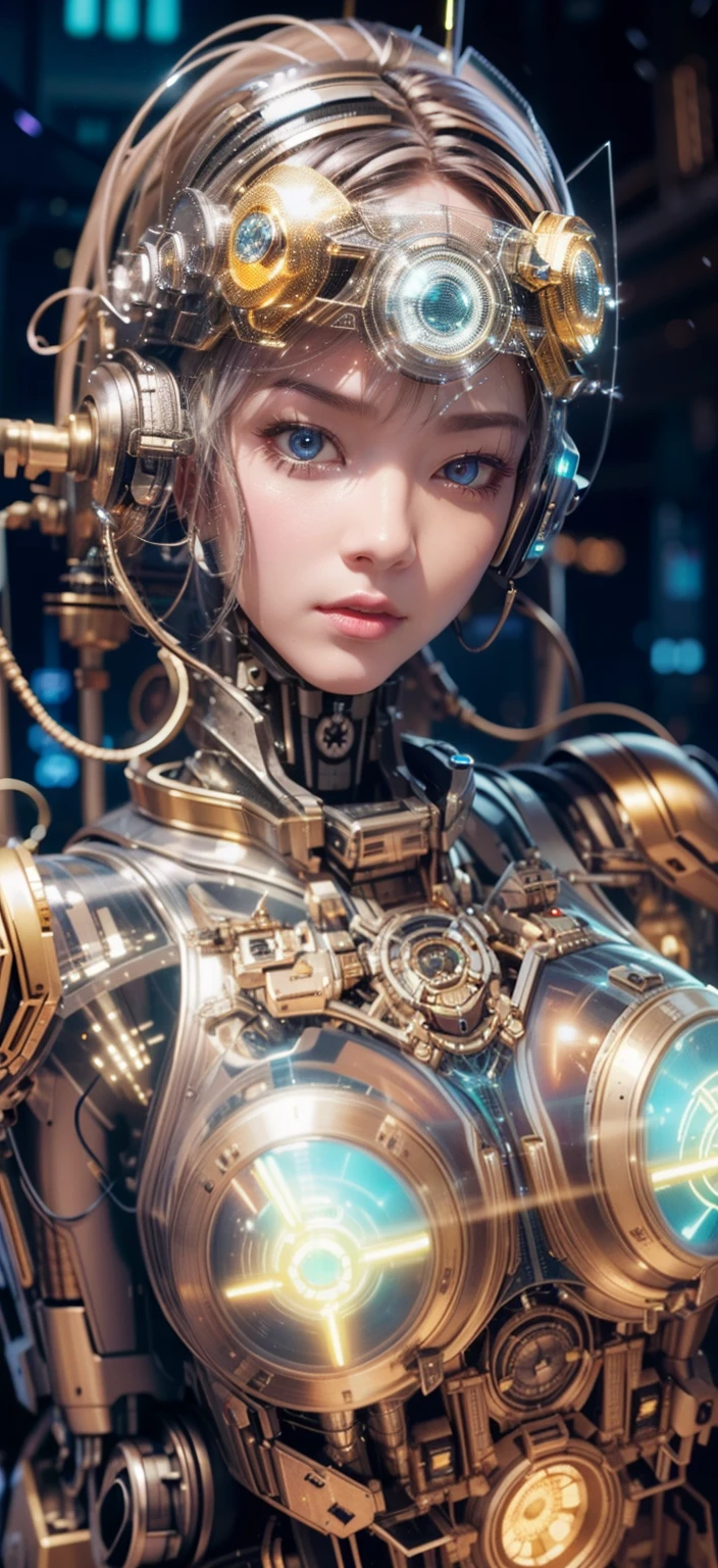 Transparent mechanical beauty，cyber punk perssonage，Dreamy glow，luminous neon lights，（globalillumination，Ray traching，HDR，Unrealistic rendering，Rational design，high detal，tmasterpiece，best qualtiy，hyper HD，cinmatic lighting），mecha musume