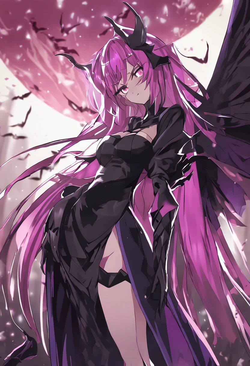 Anime girl in black and purple costume with bat wings, concept art by Jin Homura, Pisif, shin hanga, demon anime girl, a beautiful succubus, shalltear from overlord, noire, Anime monster girl, mika kurai demon, shalltear bloodfallen, ryuko matoi, villainess has black angel wings