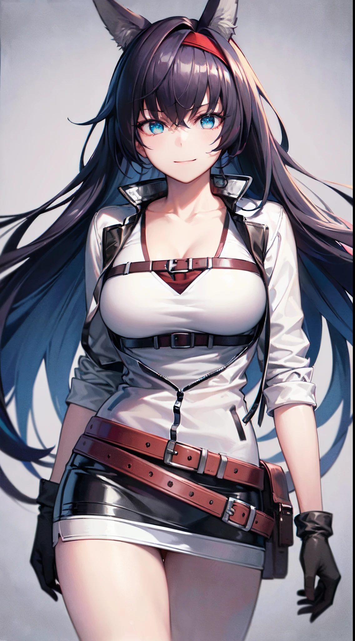 ((Best quality, Super high resolution, Masterpiece:1.3)), 1girl, Upper body, Looking at viewer, Breasts, Cleavage, (Long hair, Black hair, Animal ears, Blue eyes, Red hairband), (White shirt, White jacket, Skirt, Belt, Gloves), Smile, Beautiful eyes, Highly detailed skin, (Detailed face), Detailed eyes, nice hands, Perfect hands