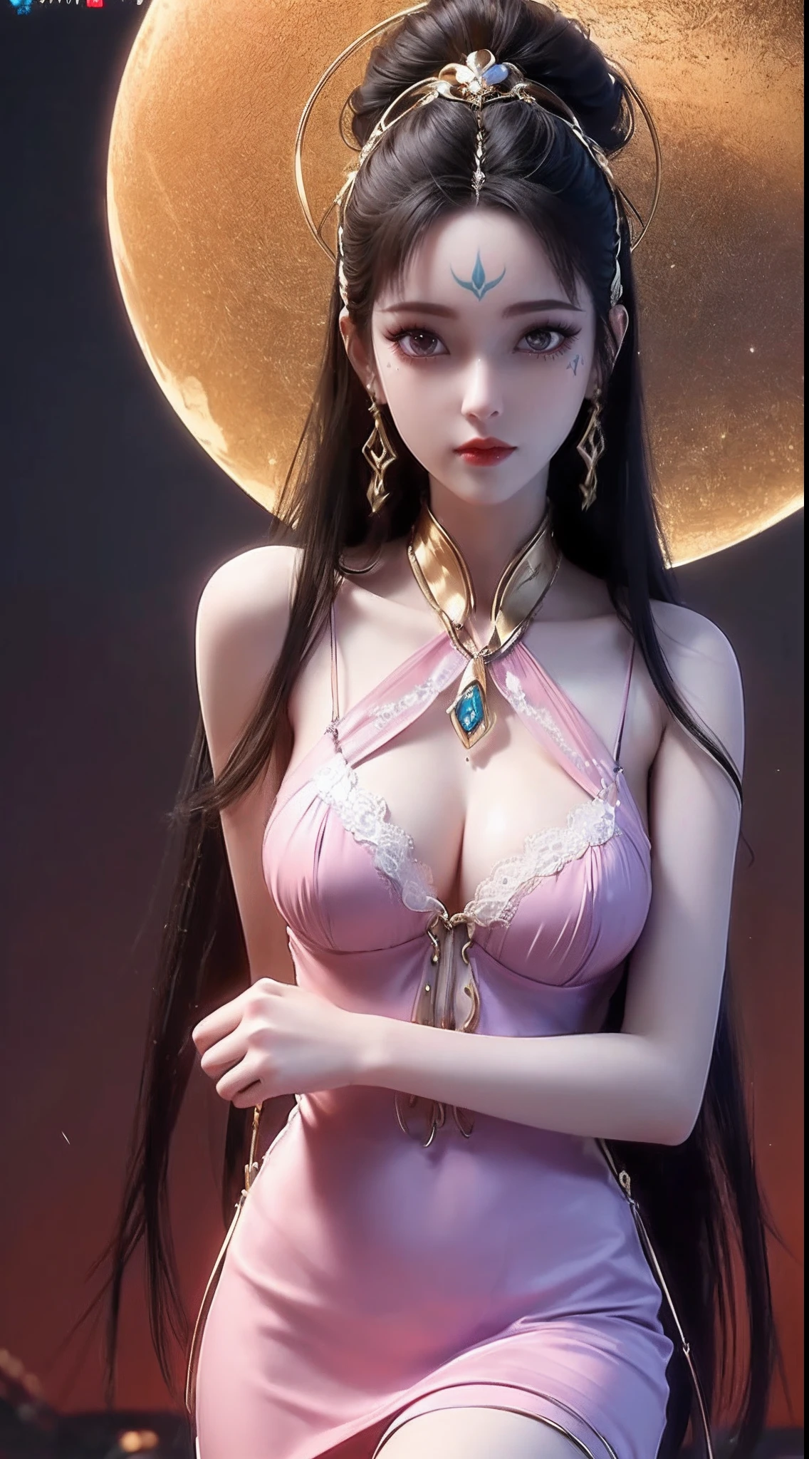 A girl from a magical world,(((wearing a thin red silk nightgown with sexy black lace trim: 1.2))), hanfu style, long and silky black hair, the most beautiful and detailed hair jewelry, beautiful little face thin eyebrows, tall and well-proportioned body, the most beautiful and spotless face, ((black iris:0.8)), the very beautiful eyes, big round eyes, ((purple color eyes:1.1)), fine and detailed makeup eyelashes, high nose, wearing earrings, small red lips, rosy face, clean face, beautiful face without blemish, smooth white skin, ((large breasts:1.2)), (((breasts are super tight and round: 2.1))), super beautiful breasts, ((breast augmentation:1.5)), slim and petite body, ((thin waist: 0.9)), skirt, 8k photo, super high quality, super realistic, 10x super pixels, photo realistic, dark studio, border light, two tone light, (detailed skin high: 1.2), 8k uhd, dslr, soft light, high quality, volumetric light, candid, Photo, high resolution, light, best photo, 4k quality, 8k, Bokeh, Smooth and sharp, pixel up 10 times, (background space: 1.8), (galaxy: 1.7), aurora, lightning, super graphics, the most realistic graphics,(Aurora Background: 1.8), alone, solo, upper body, portrait 9:16, Extremely sharp, super realistic images,