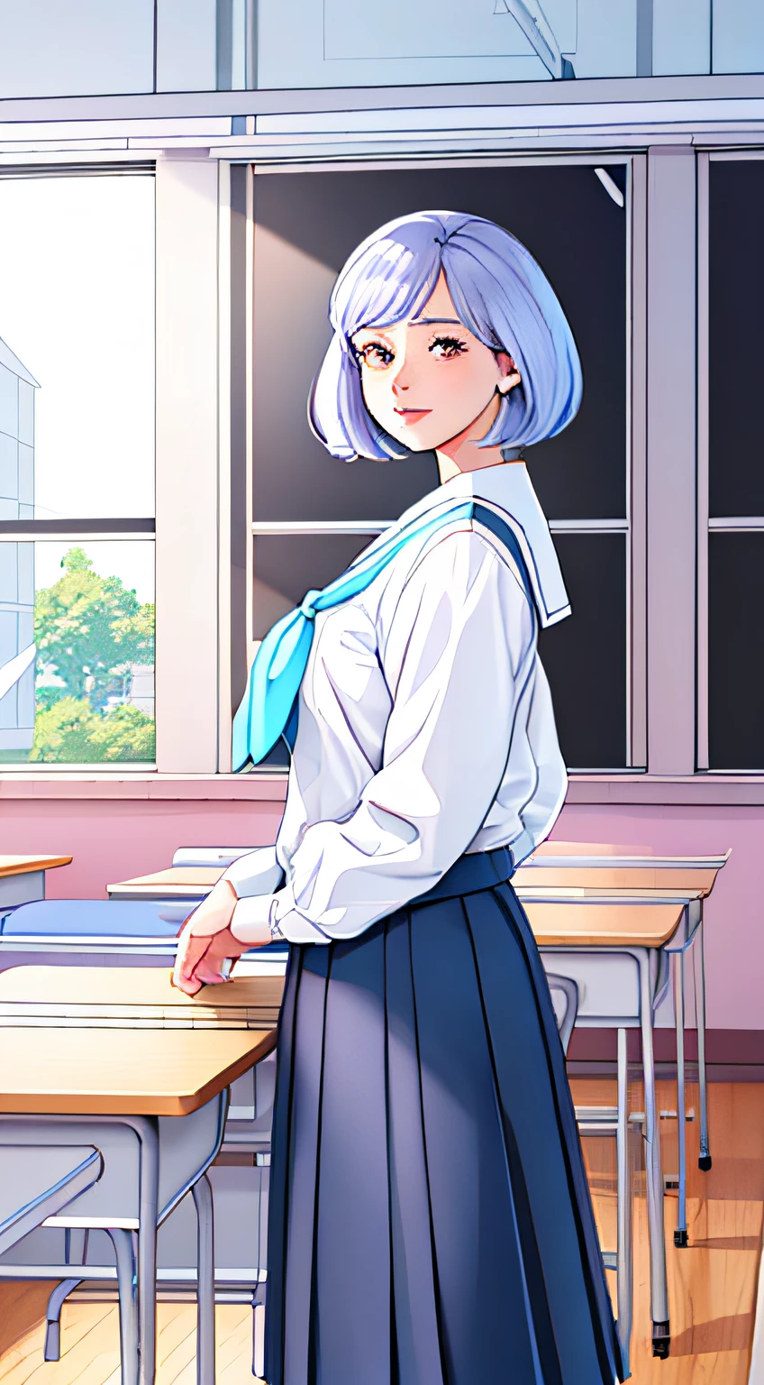 A cartoon girl in school uniform stands in front of her desk, clean coloring book page, clean lineart, line art colouring page, crisp 8 k line art, perfect lineart, Official illustration, bold lineart, clean anime outlines, colouring - in sheet, official character illustration, full page illustration, Shoujo manga character design, lineart behance hd