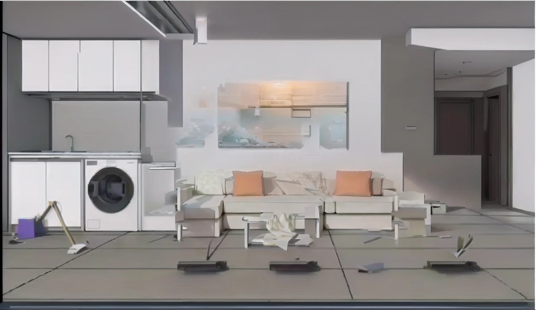 There is a picture of the living room with washing machine, animation style render, raytraced 3d set design, Ray Tracing Ambient Occlusion, in style of 3d render, 3d scene, 3D scene, Set design, complex 3d scene, Octane rendering aesthetics, perspective 3 d octane render, realistic establishing shot, 3 d stylize scene