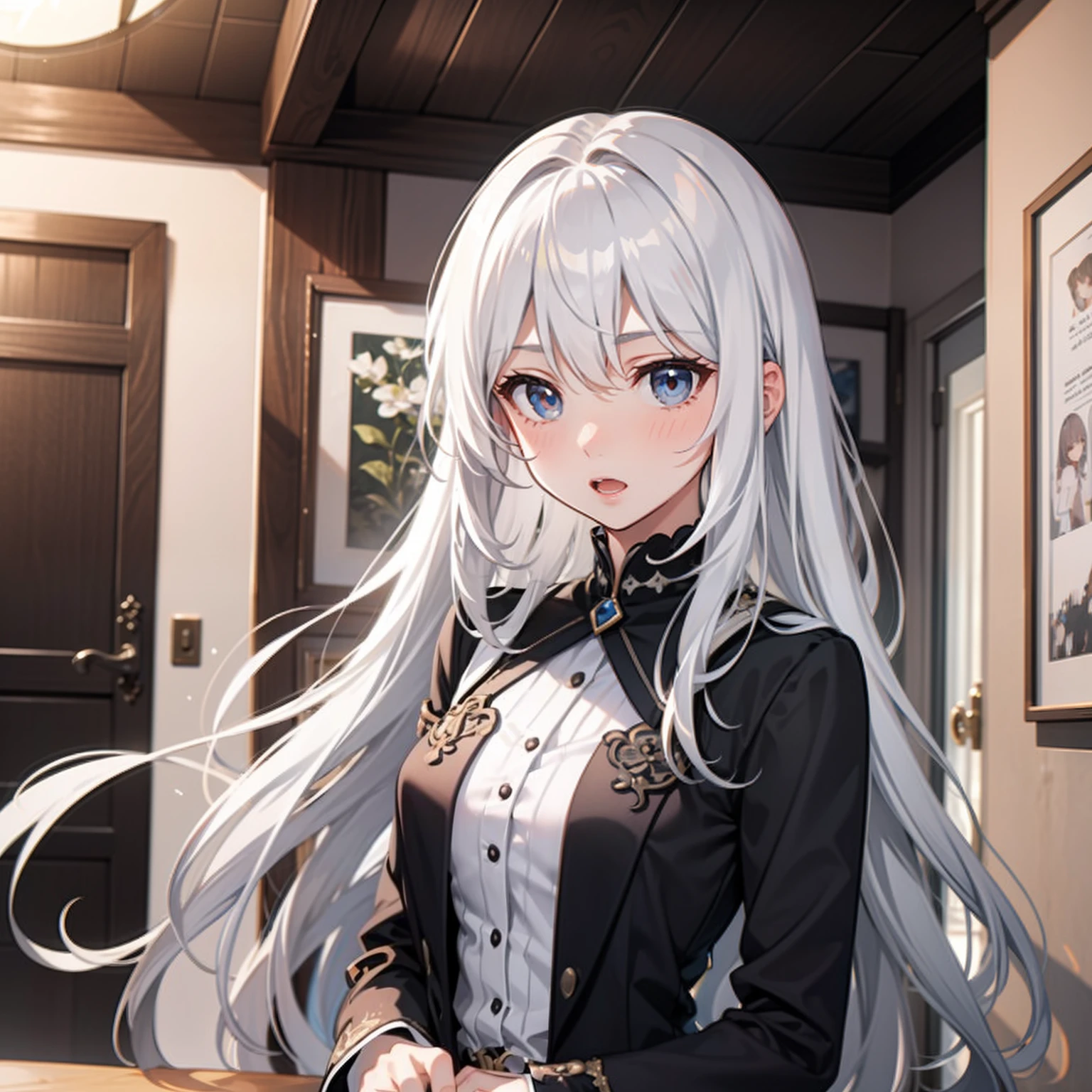 (absurderes、hight resolution、ultra-detailliert)、1girl in、a matural female、white hair、length hair、bluntbangs、blue eyess、doress、long-sleeve、Finely detailed eyes and detailed face、intricate-detail、BREAK Mosaic Art、small pieces、colorful tesserae、complex pattern、Tiled design、durable surfaces、Old fashioned technique BREAK macro photography、intricate-detail、Enlarged texture、Stunning clarity、Hidden beauty、Immersive perspective BREAK、 artisanal creations、Handmade products、unique designs、intricate detailes、Creative expression、skilled craftsmanship、huge tit、Best style