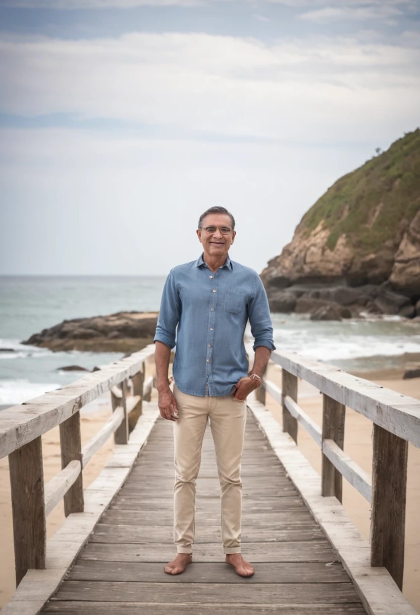 There's a man standing on a wooden bridge near the ocean, conectado com ponte suspensa!!, perto de um cais, inspired by Antônio Parreiras, O oceano ao fundo, ponte suspensa!!, inspirado em Byron Galvez, inspirado em Narayan Shridhar Bendre, inspirado em Samuel Silva, promenade, near the sea