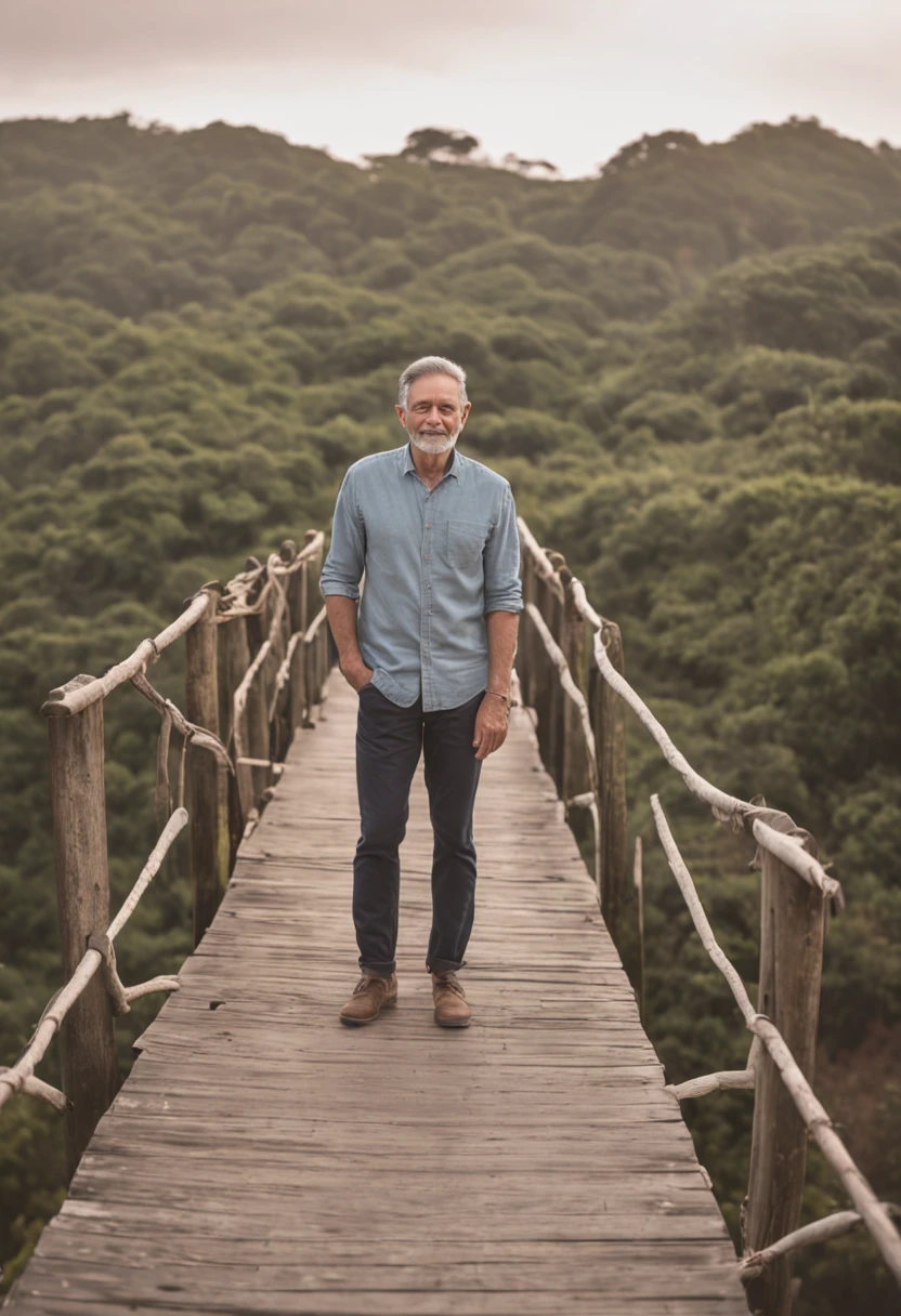 There's a man standing on a wooden bridge near the ocean, conectado com ponte suspensa!!, perto de um cais, inspired by Antônio Parreiras, O oceano ao fundo, ponte suspensa!!, inspirado em Byron Galvez, inspirado em Narayan Shridhar Bendre, inspirado em Samuel Silva, promenade, near the sea