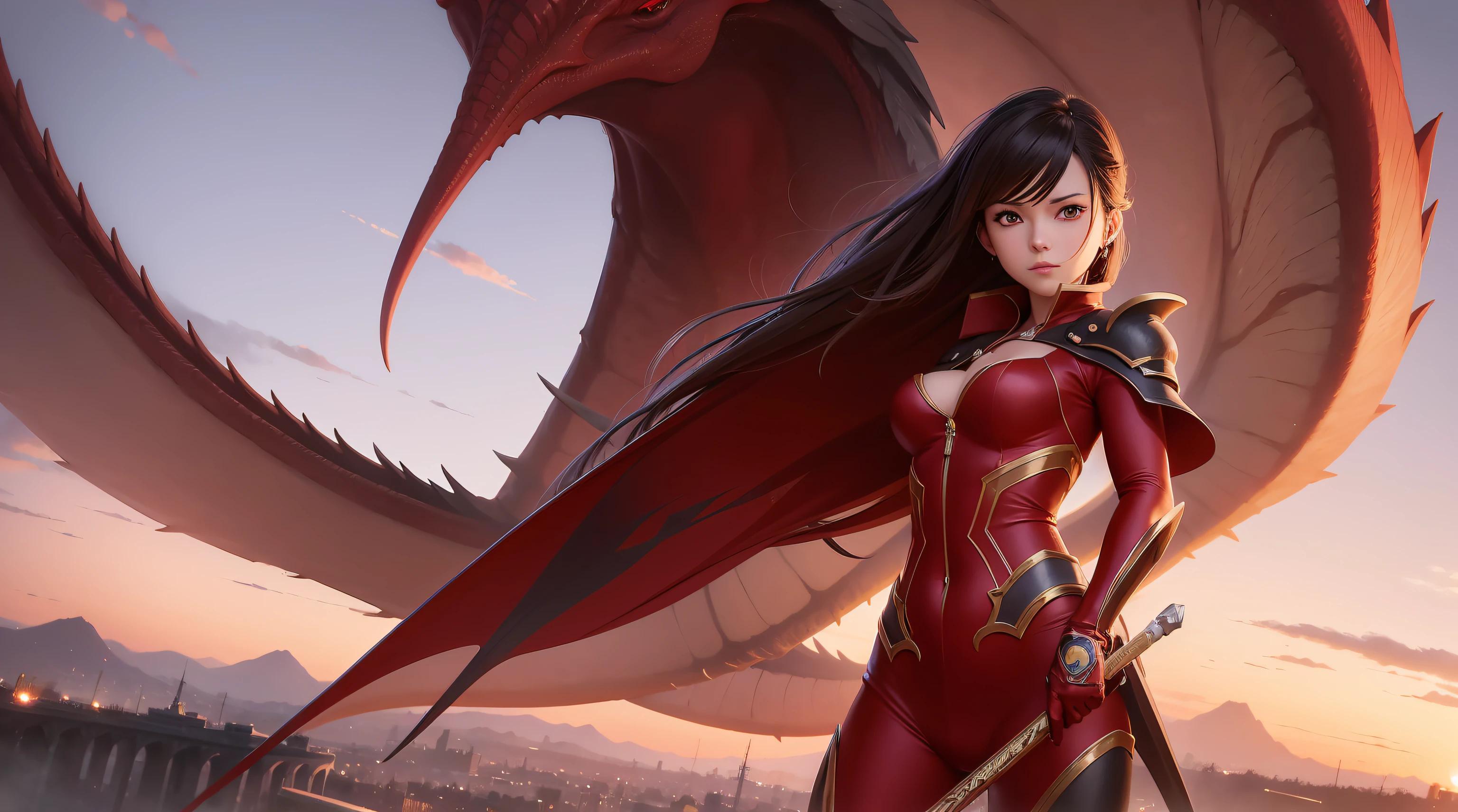 anime - imagem de estilo de uma mulher em uma roupa vermelha com uma espada, Artgerm extremamente detalhado, Anime Art Wallpaper 8K, 4 k manga wallpaper, badass anime 8 k, Papel de parede anime 4k, Anime Art Wallpaper 4K, Anime Art Wallpaper 4K, cushart krenz arte chave feminina, estilo anime 4K, female action anime girl, with mountainous environment with dragons in the background of the image blurred