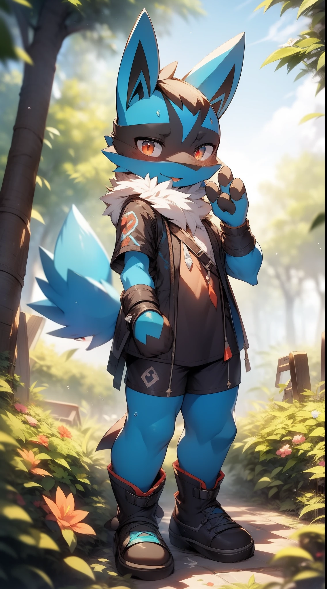 chibi, solo
forest, summer, night, moonlight, flowers, tree
anthro, canid, fluffy_body, full body naked, furry
((lucario)), [[lucario, fur, blue_fur, (spikes), blue_body, black_fur, canine, black_body, yellow_fur, yellow_body]]
((3_fingers))
standing, facing_viewer
yellow_eyes, bright_pupils, pink nipples, big nipples, pierced nipples, big dick
looking_at_viewer, smile, blush, sheath outline, fully sheathed, sheath expansion, fully erection, leaking cum, detailed bulge,lust, seductive
best_quality, hi_res, masterpiece, absurd_res, Surrealism Highly_detailed, 4k, high_detail, detailed_background, drop_shadow, textured_skin, anatomically_correct 
nsfw, uploaded_on_e621, (by_cydonia_xia: 1.0), (by_dagasi: 0.4), (by_Hioshiru:1.2), (by_Ancesra:0.6), (by_Kekitopu:0.6), (by_Syuro:1.2), (by_Doxy:0.6), (by_youjomodoki:0.6), by_dacad, (by_reysi:1.2), by_zinfyu, by_pata, by_chunie, by_dr.bubblebum