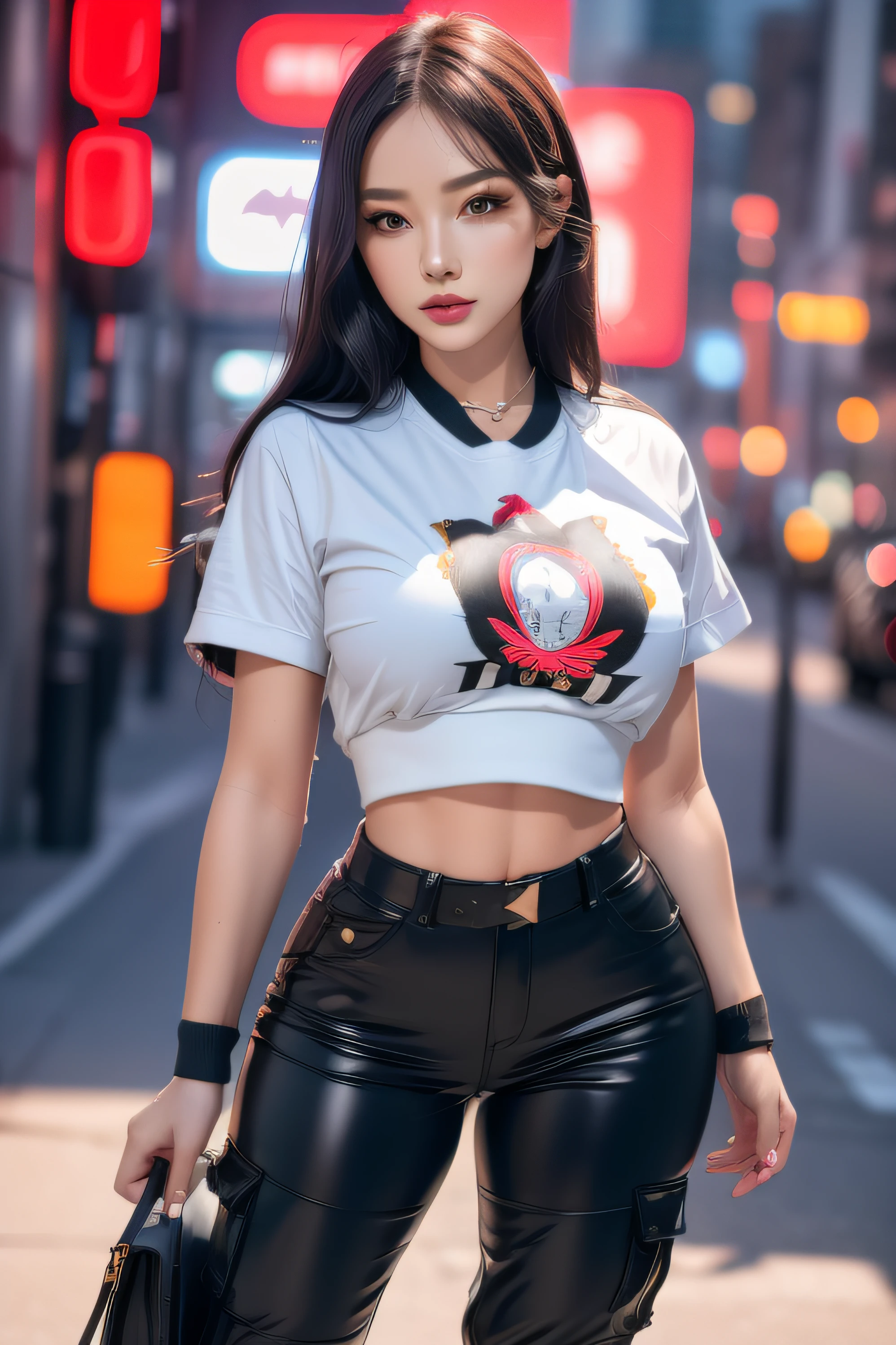A woman in a white shirt and black pants posing for a picture - SeaArt AI