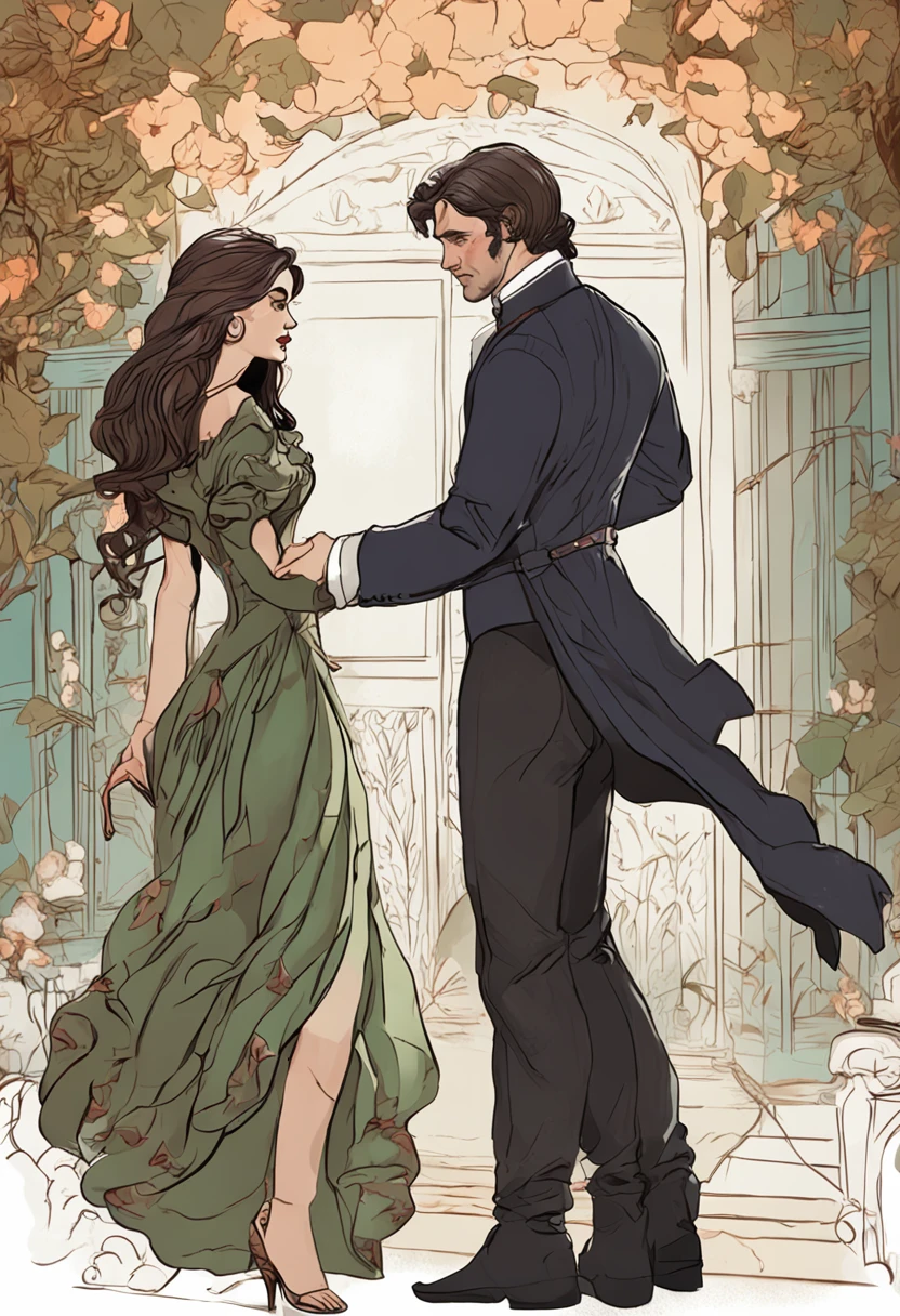 a woman with blue eyes and brown hair, in a navy color long dress with a corset, is hold from behind by a handsome man, with black hair, and green eyes, who bites her ear.