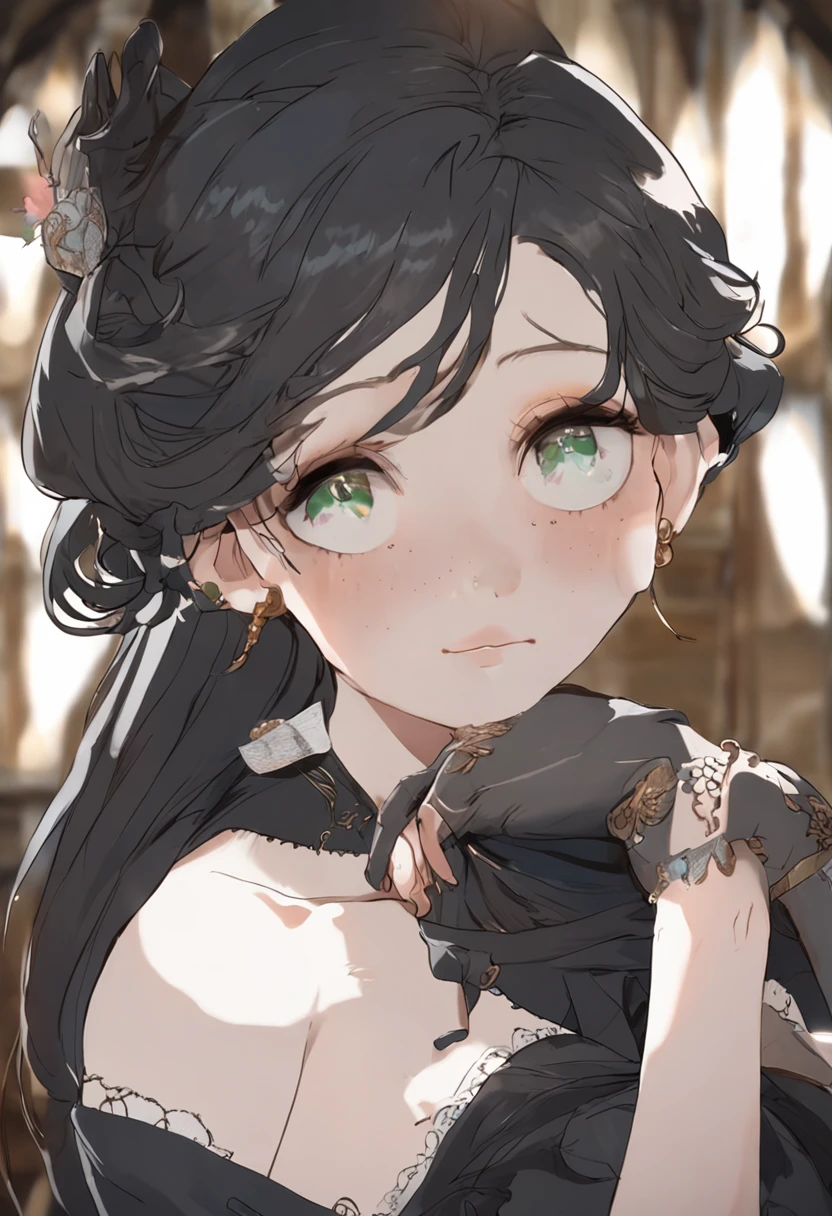 a woman with blue eyes and brown hair, in a navy color long dress with a corset, is hold from behind by a handsome man, with black hair, and green eyes, who bites her ear.