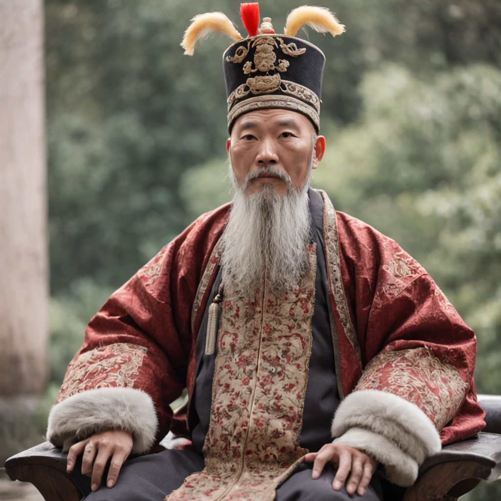 In a room，A Qing Dynasty official，Beard with a white beard，Wearing official boots，sit on chair，Next to him stood a servant，Next to the chair is a square table，There is fruit on it。