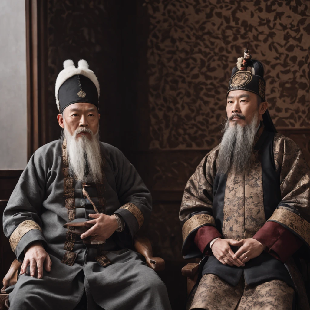 In a room，A Qing Dynasty official，Beard with a white beard，Wearing official boots，sit on chair，Next to him stood a servant，Next to the chair is a square table，There is fruit on it。