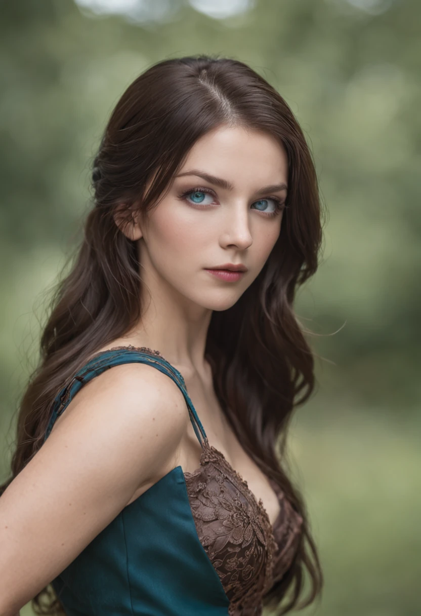 a woman with blue eyes and brown hair, in a navy color long dress with a corset, is hold from behind by a handsome man, with black hair, and green eyes, who bites her ear.