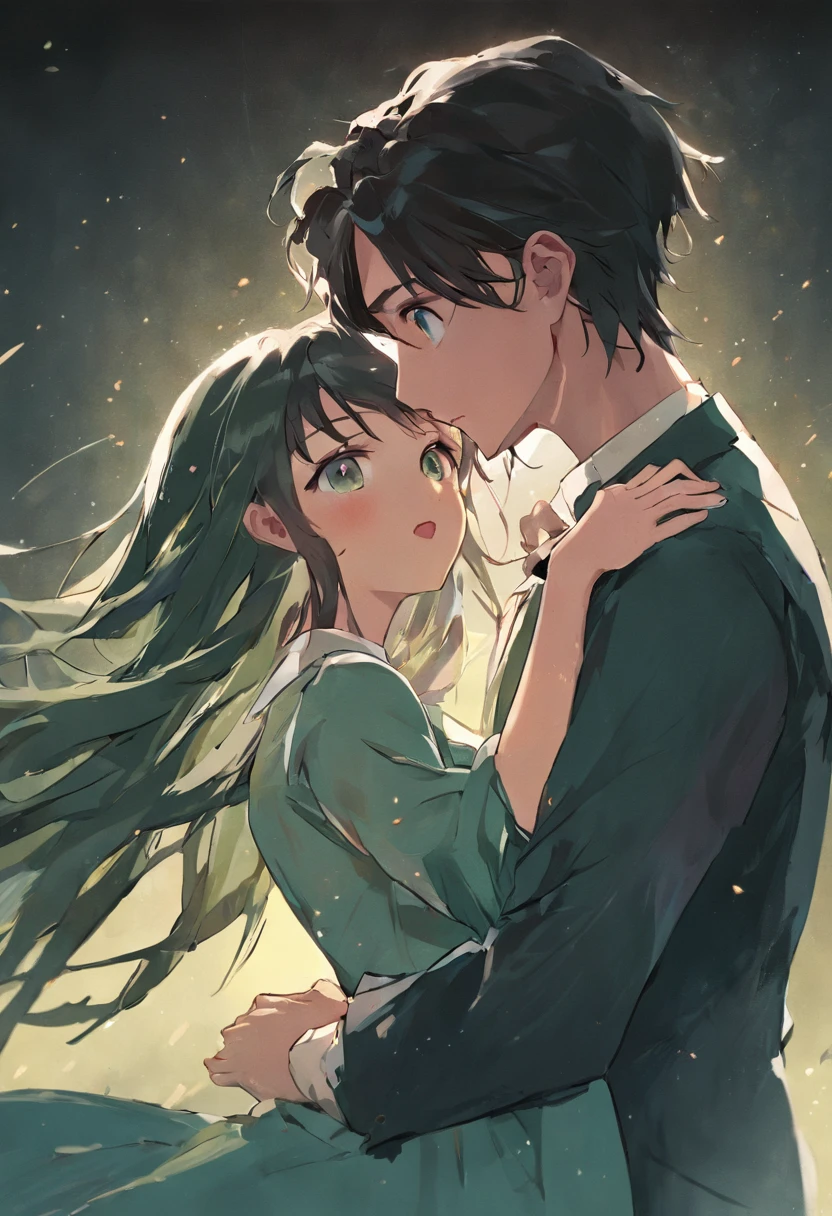 a woman with blue eyes and brown hair, in a navy color long dress with a corset, is hold from behind by a handsome man, with black hair, and green eyes, who bites her ear.
