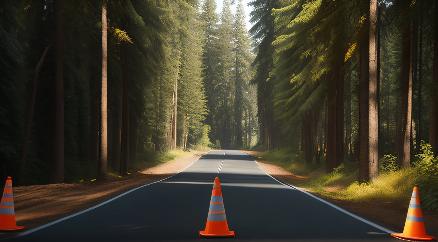 Generate an AI image depicting a road closure scene on a forest road. The scene should include a road closure sign, bright orange traffic cones, and sturdy barricades, all placed amidst the lush, natural surroundings of the forest. The 4K resolution should capture sharp details, and photorealistic rendering techniques should be applied to make the forest road, road closure equipment, and natural elements highly realistic. The scene should convey a sense of urgency and caution within the serene yet eerie forest environment, emphasizing the importance of safety and control in this unexpected setting.