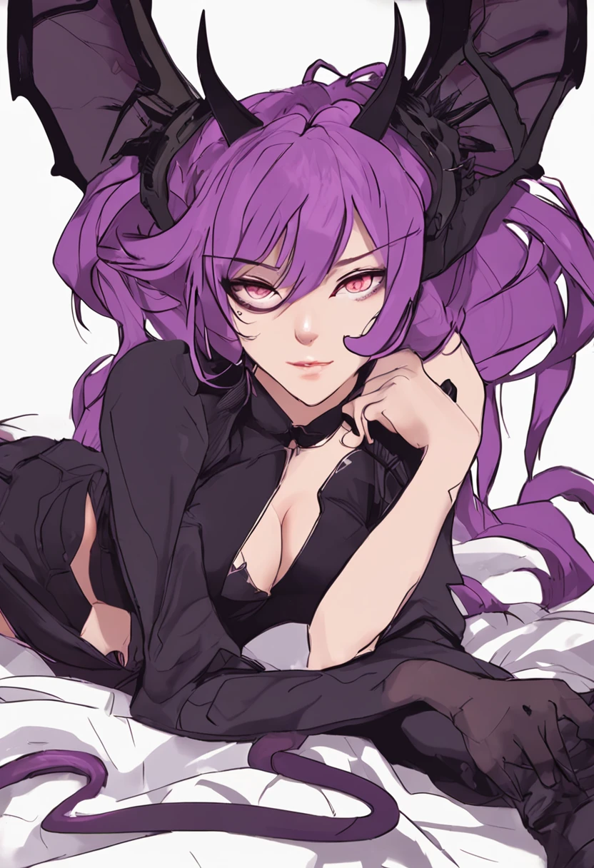 Anime girl with purple hair and black stockings lying on bed, concept art by Kanbun Master, Pisif, conceptual art, succubus in tight kilt, a beautiful succubus, Succubus, seductive anime girls, demon anime girl, kda, demoness, monstergirl, Anime monster girl, Evil Goddess, commission for high resolution, mika kurai demon
