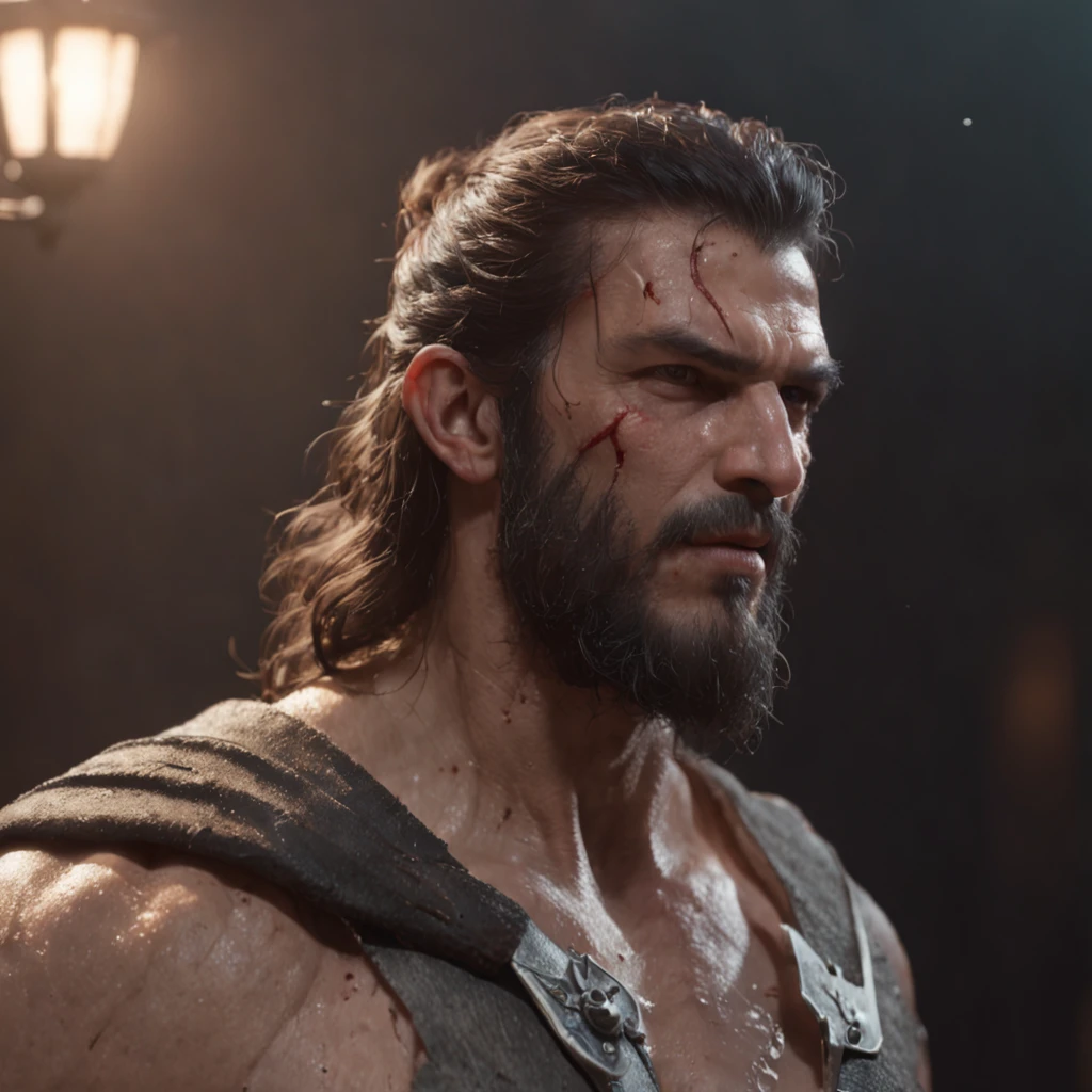 (professional 3d render:1.3) af (Realistic:1.3) most beautiful artwork photo in the world,Features soft and shiny male heroes, ((rough wet hero angry look long hair short beard and ferocious expression in dynamic pose, Fantastic location, Majestic cluttered environment)), full body 8k unity render, action shot, skin pore, very dark lighting, heavyshading, Detailed, Detailed face, (vibrant, photograph realistic, Realistic, Dramatic, Dark, Sharp focus, 8K), (Old leather garments damaged by weathering:1.4), ((((Wear fur)))), (Intricate:1.4), decadent, (Highly detailed:1.4), Digital painting, rendering by octane, art stations, concept-art, smooth, Sharp focus, illustration, Art germ, (loish:0.23), wlop ilya kuvshinov, and greg rutkowski and alphonse mucha gracias, (Global illumination, Studio light, volumettic light), heavy rain, particles floating, lotr, fantasy, elf, full bodyesbian, ((Dark and ancient city background:1.3)),CGSesociety,art stations