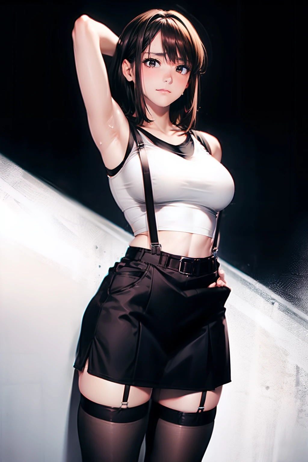 Black skirt, Tank Tops suspenders, Brown hair Gray eyes, Garter belt on the legs, Tight clothes, a belt Armpit sweat deadpan large full breasts short-cut