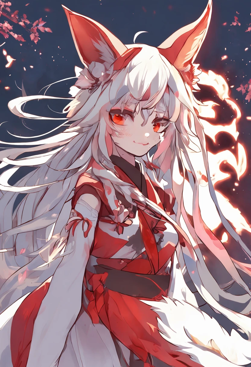 Anime girl with long hair white top and red skirt, Kitsune, fox nobushi, a beautiful kitsune woman, Holo is a wolf girl, a beautiful fox lady, kitsune three - tailed fox, holo if a wolf girl, ahri, beautiful anime catgirl, kitsune inspired armor, female furry mini cute style