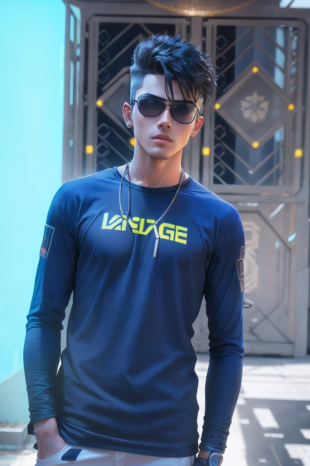 araffe man in sunglasses and a blue shirt standing in front of a building, long sleeve, long sleeves, male model, mid shot portrait, dark blue, wearing space techwear, navy-blue, blue tight tshirt, aggressive look, mirage, vintage look, deep image, energetic varia suit, message, shot on 85mm, large)}]