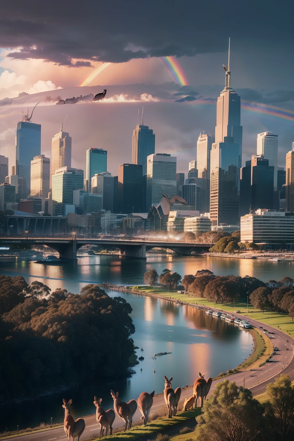 Wide Shot of a herd of 4 kangaroos facing the camera standing in foreground, background of a busy highway next to a river, full of cars, warm colours, cinematic colours, tall skyscraper in the middle of Melbourne city with river in background looking at the camera curiously, (((wide shot))), cars driving in background, beautiful sunset in background, overcast, (((rainbow))), 4 standing Kangaroos, skyscrapers, river in the background, beach, (((greenery))), (((golden sparkles))), beautiful scenery, Melbourne city, (((Melbourne Cricket Ground in background))), (((Melbourne skyline))), buildings, city skyline, vibrant sky, (((subject: a herd of 4 kangaroos standing in front of highway looking at the camera))), (((cinematic photo))), epic, hyper realistic photo, 8k render, curious animals, overcast, (((herd of kangaroos))), rainbow in sky, MCG, candid photo, Aussie, city life, (((top view shot))), numerous kangaroos, (((wide shot)))