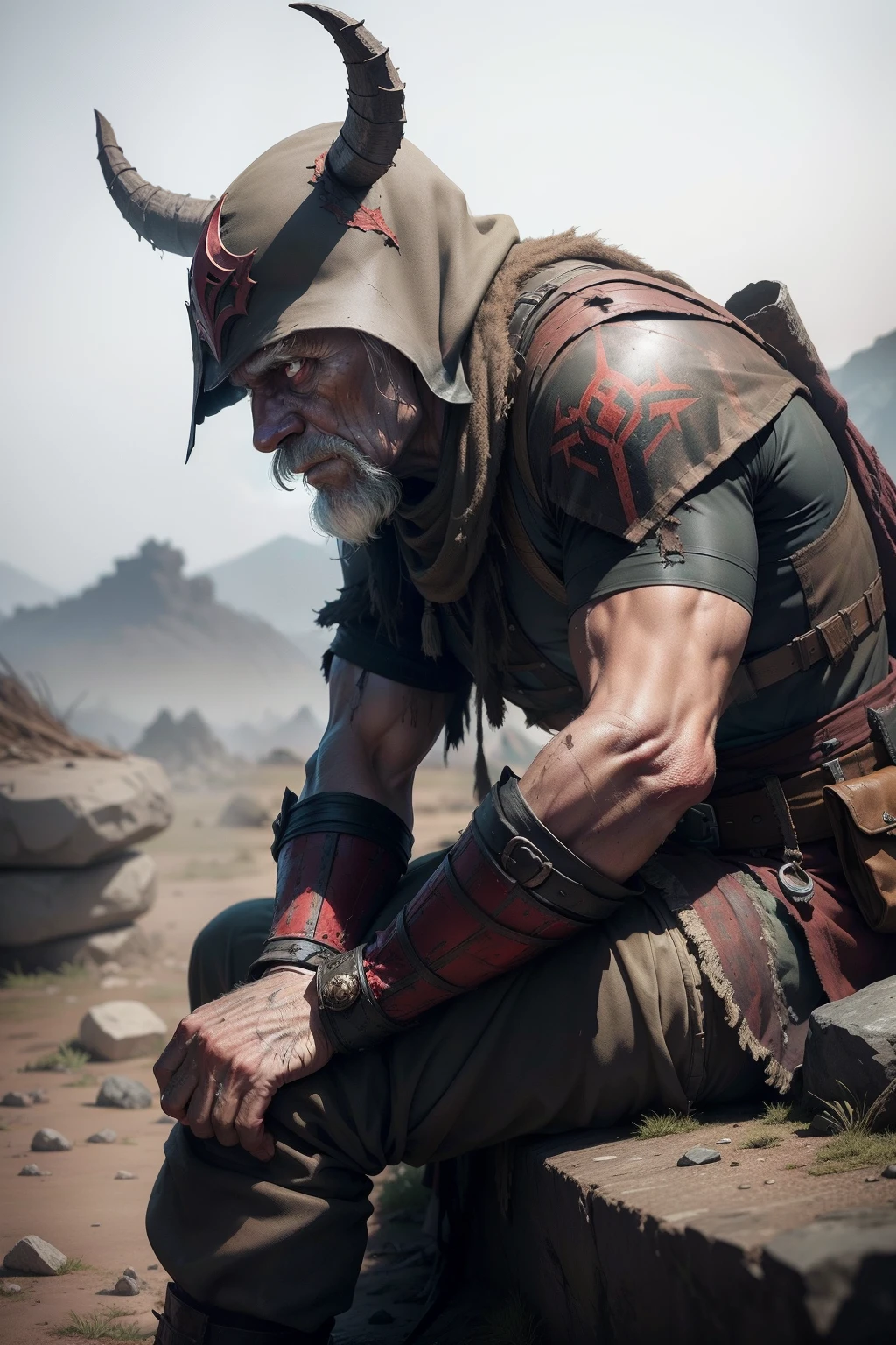 An elder warrior, dirty, sitting on a rock at the end of a great war staring at shadow's devils at carnage camp