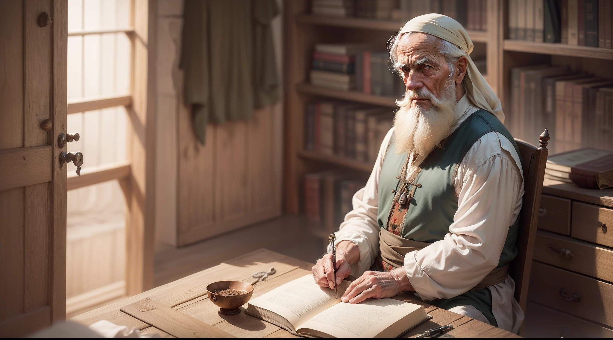 Para a segunda cena, Por favor, Provide a picture of an elderly sage from the medieval era, com barba branca, wearing a linen tunic, e segurar um cajado.