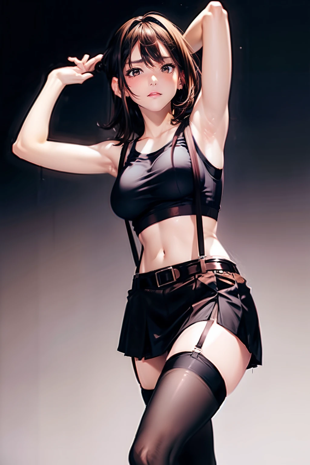 Black skirt, Tank Tops　suspenders, Brown hair Gray eyes, Garter belt on the legs, Tight clothes, 　　 a belt　Armpit sweat　　deadpan　large full breasts　short-cut