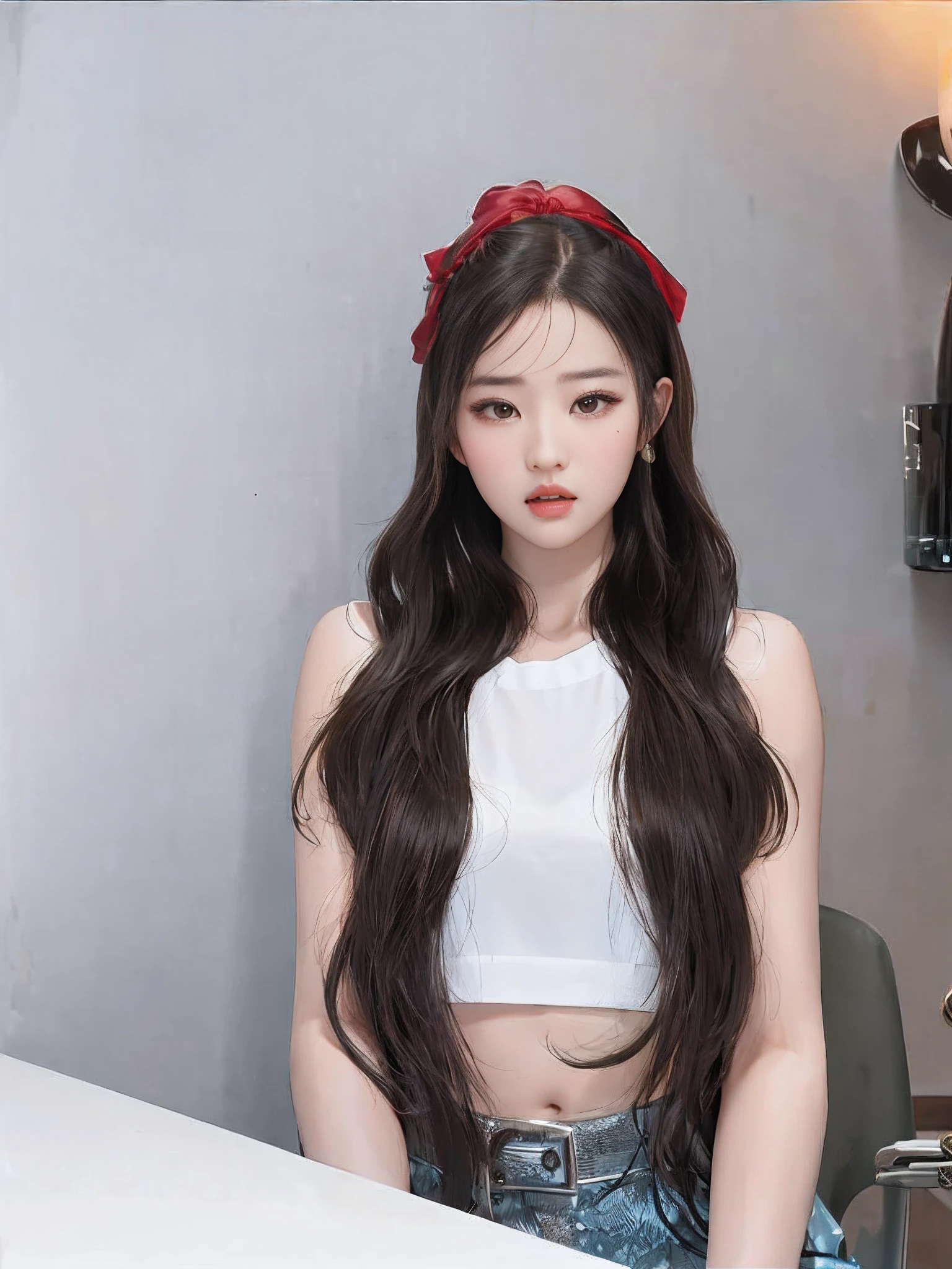 there is a woman with long hair sitting at a table, long whitr hair, Brown hair long,By bangs, Long black hair,By bangs, wavy long black hair, closeup cleavage,Liu Yifei