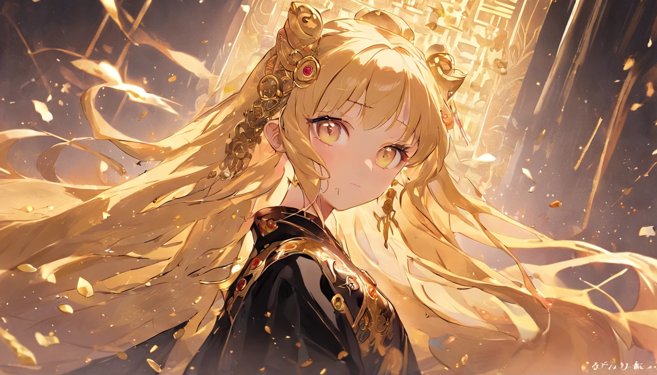 Kizi. Her figure, , Curvy, The right direction,, Long blonde hair color, Deep magenta eyes, white skinned, gold nugget,gold foil, Dressed in black and gold Hanfu, largeeyes。The ground is covered with gold coins。full bodyesbian,standing on your feet,golden hair accessory,Nobile,ear jewelry,Chinese culture,ellegance,mistic,Noble,Ba digital painting, Digital illustration, Extreme detail, Digital art。