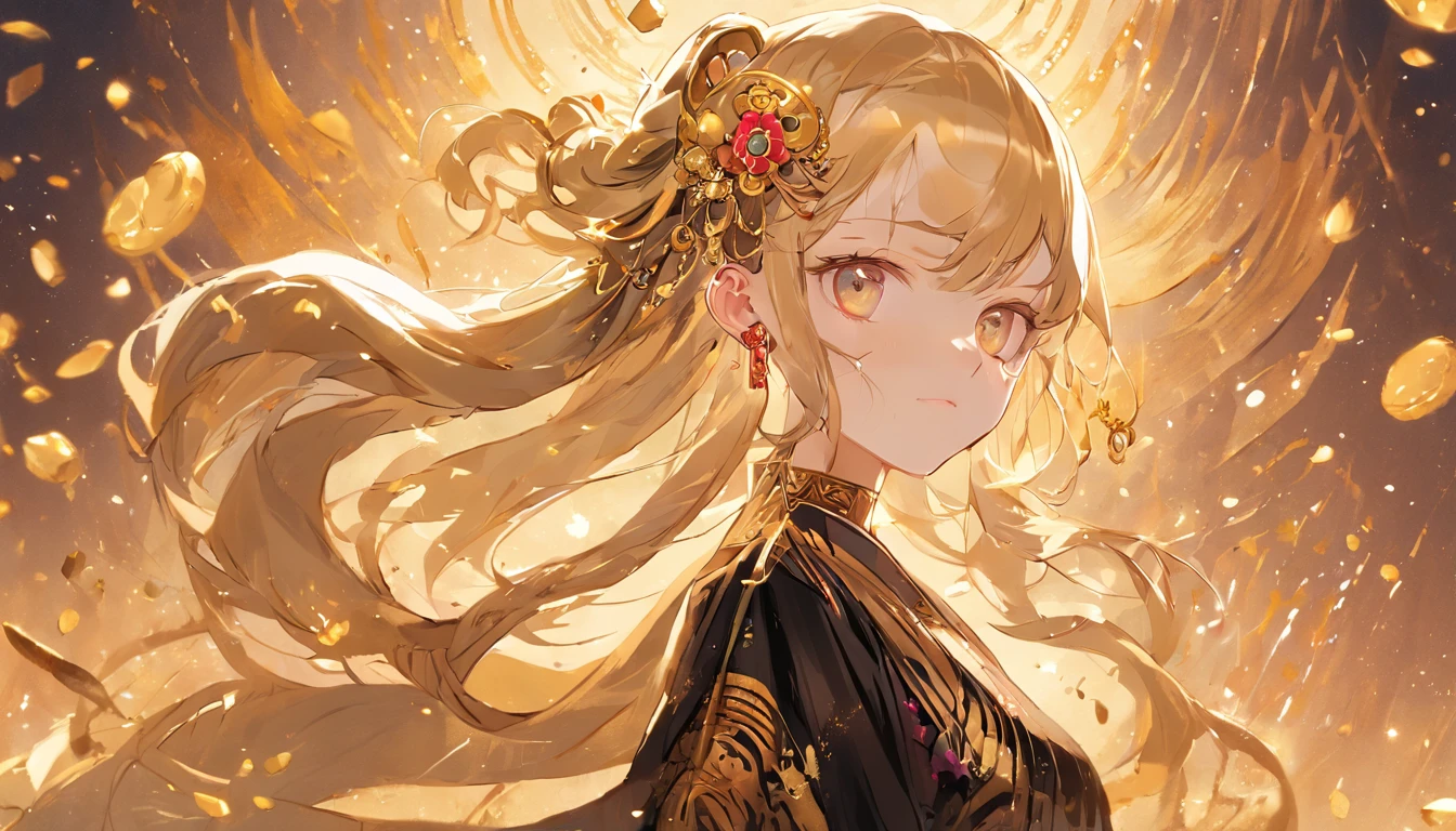 Kizi. Her figure, , Curvy, The right direction,, Long blonde hair color, Deep magenta eyes, white skinned, gold nugget,gold foil, Dressed in black and gold Hanfu, largeeyes。The ground is covered with gold coins。full bodyesbian,standing on your feet,golden hair accessory,Nobile,ear jewelry,Chinese culture,ellegance,mistic,Noble,Ba digital painting, Digital illustration, Extreme detail, Digital art。