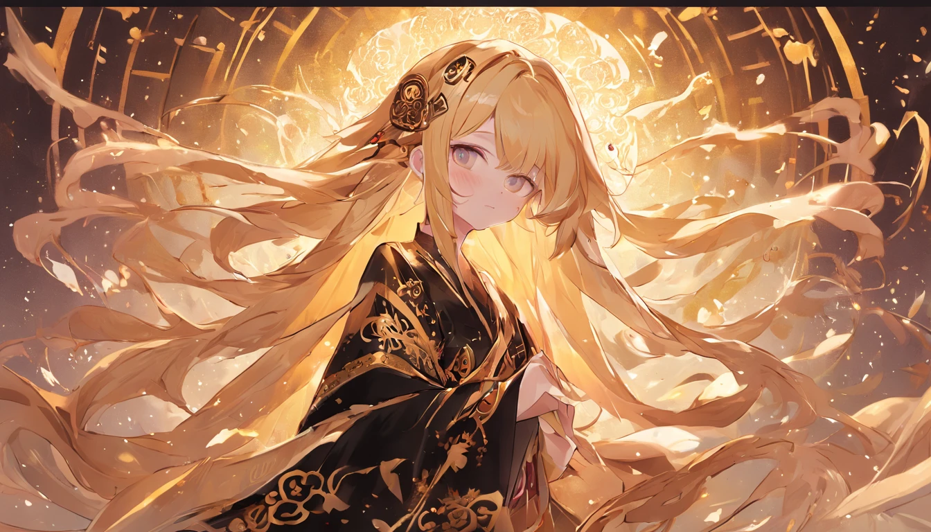Kizi. Her figure, , Curvy, The right direction,, Long blonde hair color, Deep magenta eyes, white skinned, gold nugget，gold foil, Dressed in black and gold Hanfu, largeeyes。The ground is covered with gold coins。full bodyesbian，standing on your feet，golden hair accessory，Nobile，ear jewelry，Chinese culture，ellegance，mistic，Noble，Ba digital painting, Digital illustration, Extreme detail, Digital art。