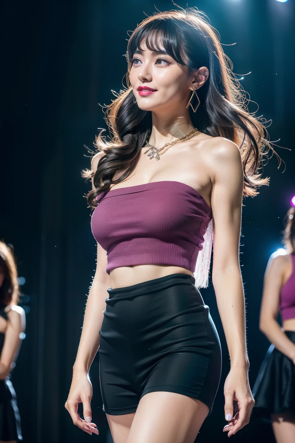 (8K分辨率,Full body photo in the distance,Realistic wallpapers),(1 female,18yr old,(Rina Kuroki's facial features:1.6,Broad bone surface,babyfat,s delicate face),com rosto detalhado,(Delicate Japanese makeup,Stage pop makeup),Lovely face,com rosto detalhado,详细的脸,Ultra-fine makeup,Black colored eyes,(Look into the distance),Big wavy long hair,(By bangs,dual horsetail,Messy hair,Messy has layers),Redlip,Fair smooth skin,(Best Skin Type:1.21),mediuml breasts,(Off-the-shoulder white shirt,Ultra shorts,(materpiece:terylene,Lycra cotton,elasticity),big earrings,Fashion necklace,high-heels),Tall and tall,perfect hand,Ultra-fine clothing material),(Stage performances,Exquisite stage details,(Vista view of the catwalk,Outdoor catwalk,Tokyo fashion show,neonlight,There were a lot of spectators in the audience,Model on the catwalk)),(exhilarated,confident smile,Rejoice),(Various stage lighting assistance,profesional lighting,动态照明),((vibrant with colors,Reserved,ellegance,vivaciousness,(white colors,purpleish color,blue colors,In pink))),(Golden section,Cinema lenses,Hasselblad photograp,tmasterpiece:1.3),(Pure,adolable,and the sun was shining brightly,boisterous,Petite,boisterous,dream magical,Little woman,trendsetting,Street style,Artis,Art platform