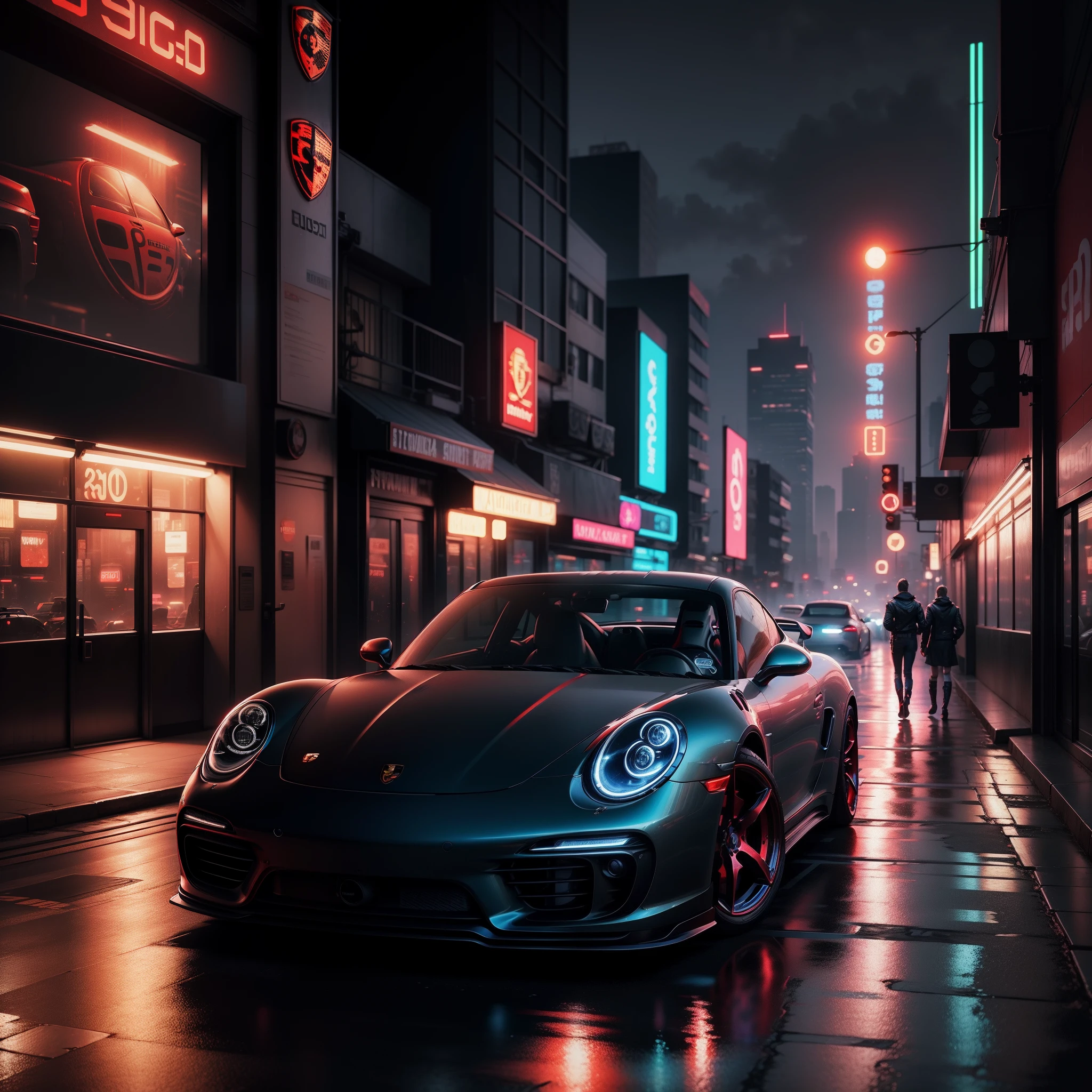 RED PORSCHE realista, disco Rigido, cyberpunk in cybercity at night, 8k