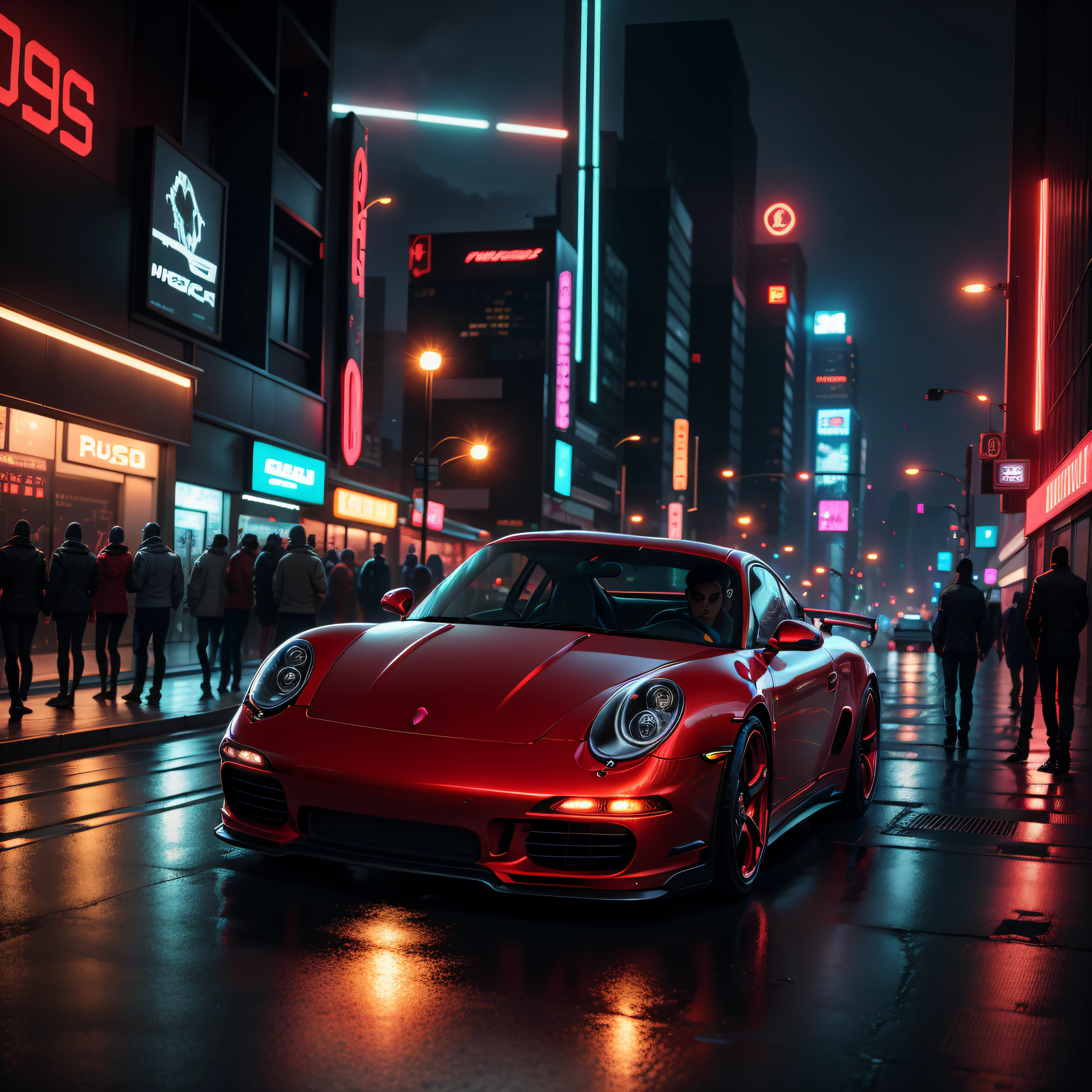 RED PORSCHE realista, disco Rigido, cyberpunk in cybercity at night, 8k