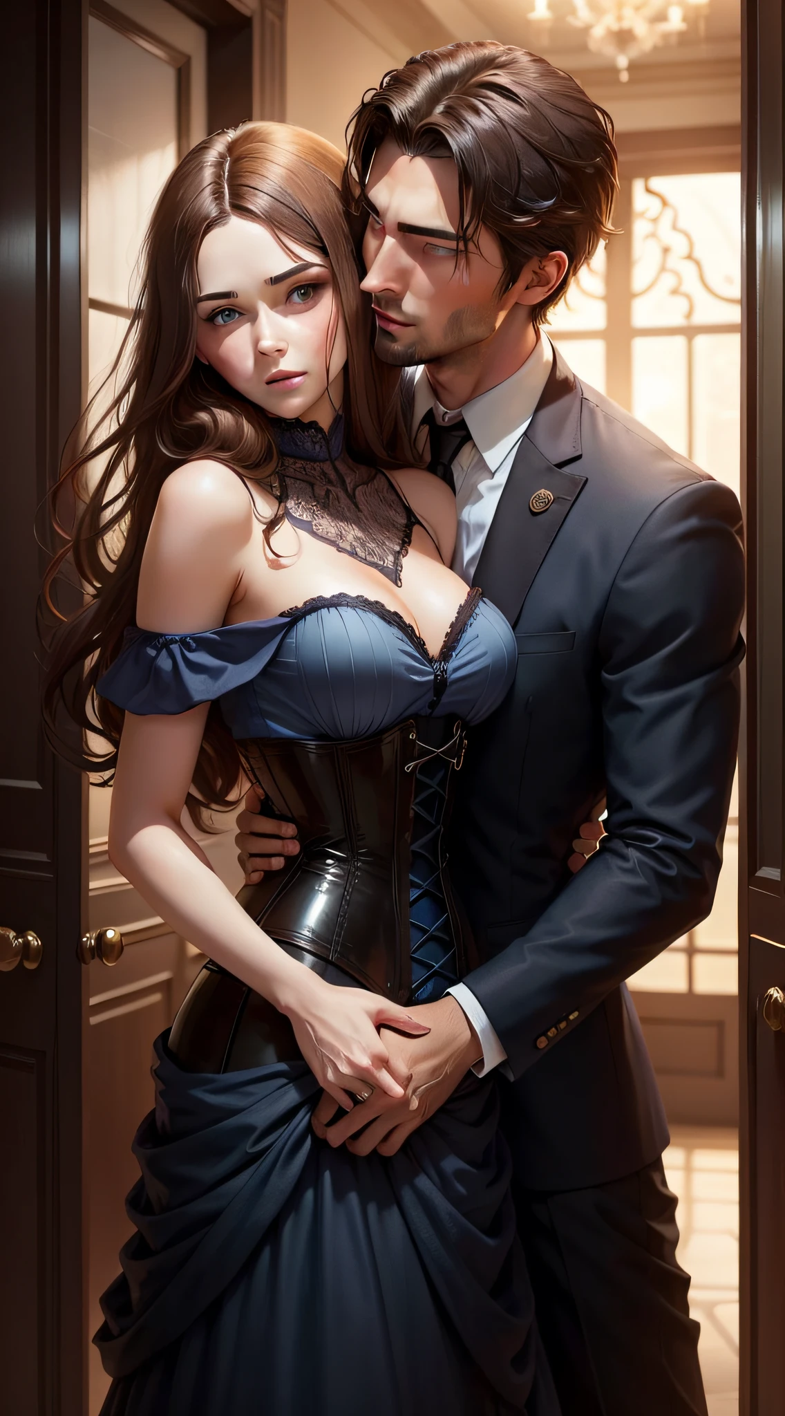 a woman with blue eyes and brown hair, in a navy color long dress with a corset, is hold from behind by a handsome man, with black hair, and green eyes, who bites her ear.