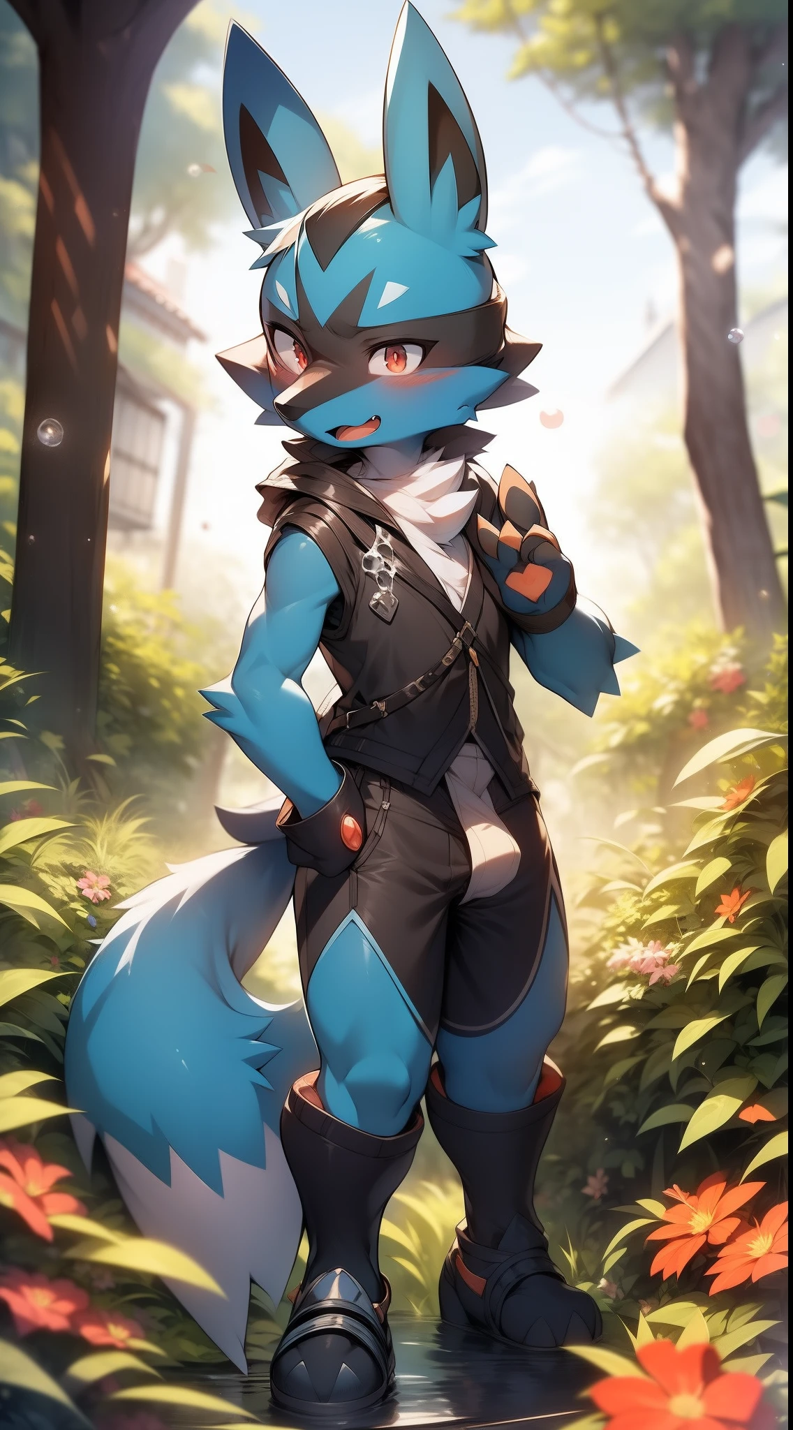 chibi, solo
forest, summer, day, sunlight, flowers, tree
anthro, canid, fluffy_body, full body naked, furry
((lucario)), [[lucario, fur, blue_fur, (spikes), blue_body, black_fur, canine, black_body, yellow_fur, yellow_body]]
((3_fingers))
standing, facing_viewer
red_eyes, bright_pupils
looking_at_viewer, smile, blush, sheath outline, fully sheathed, sheath expansion, fully erection, leaking cum, big  dick, lust
best_quality, hi_res, masterpiece, absurd_res, Surrealism Highly_detailed, 4k, high_detail, detailed_background, drop_shadow, textured_skin, anatomically_correct 
nsfw, uploaded_on_e621, (by_cydonia_xia: 0.8), (by_dagasi: 0.4), (by_Hioshiru:1.2), (by_Ancesra:0.6), (by_Kekitopu:0.6), (by_Syuro:1.2), (by_Doxy:0.6), (by_youjomodoki:0.6), by_dacad, (by_reysi:1.2), by_zinfyu, by_pata, by_chunie, by_dr.bubblebum