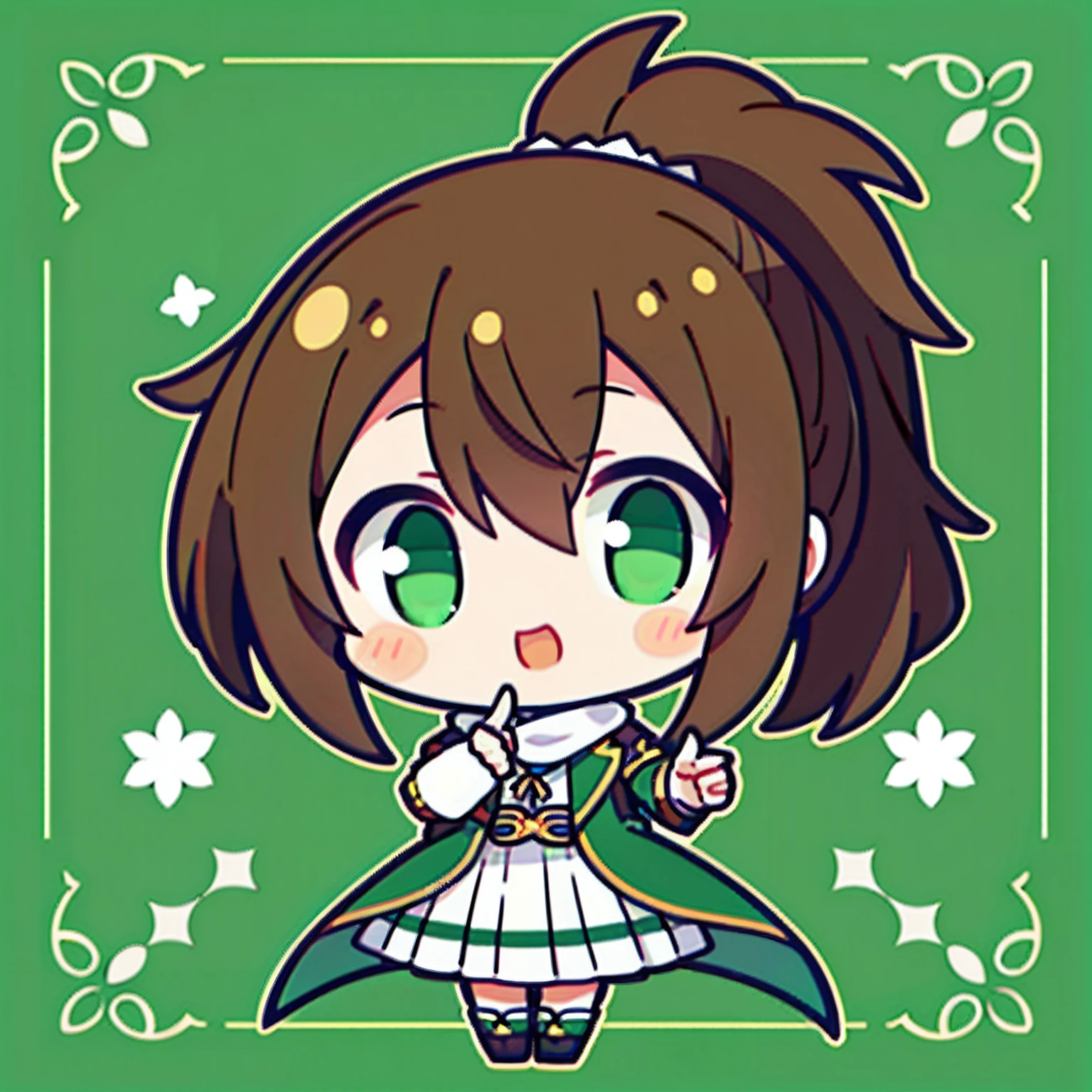 tmasterpiece, top-quality, pointing finger、1girl in、Emerald jacket、White scarf, Brown-haired anime girl, Green eyes,There are white flowers around the body,Brown diagonal ponytail
