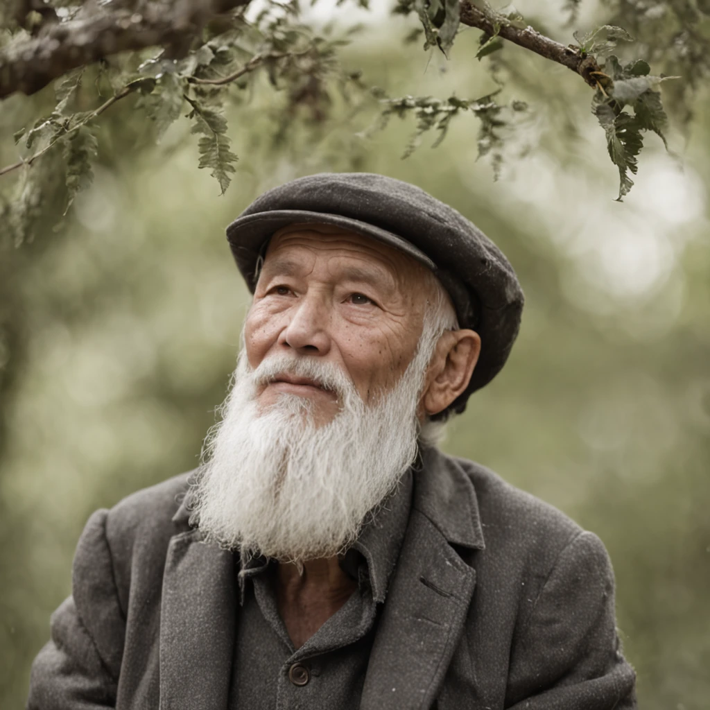 Under a tree,a old man,Sitting on a stone wall,Beard with a white beard,Wear rain boots。