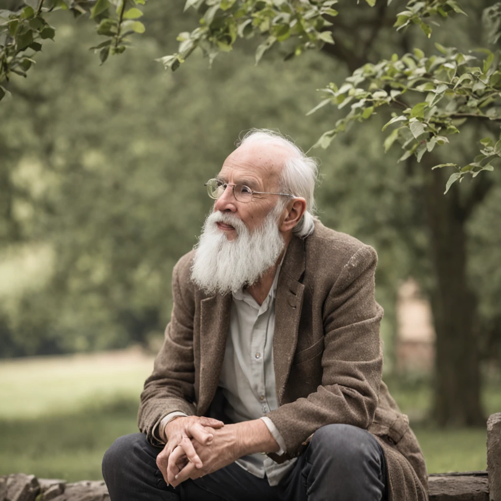 Under a tree，a old man，Sitting on a stone wall，Beard with a white beard，Wear rain boots。