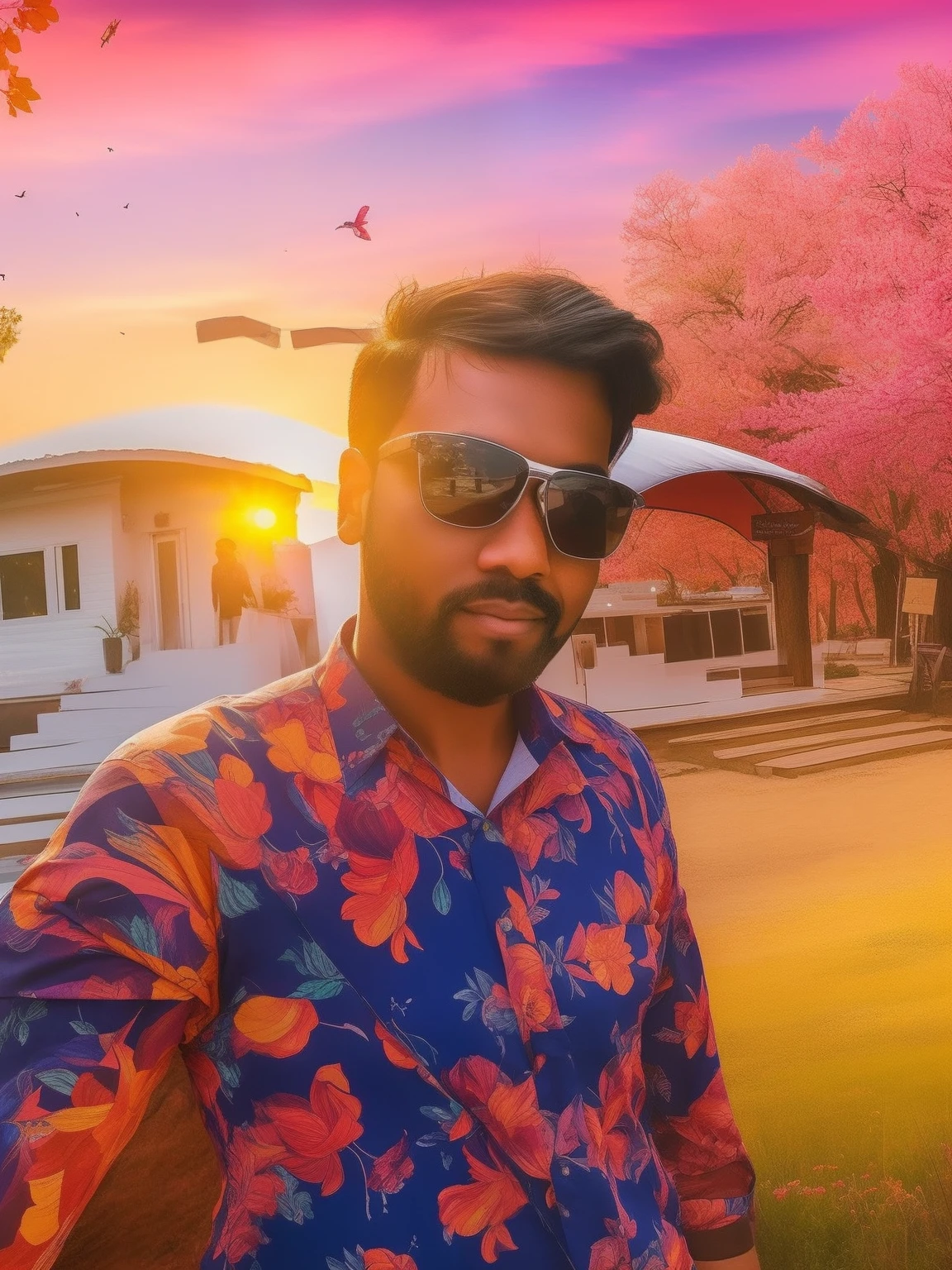 a colourfull sunset in a spring mountain, realistic original face