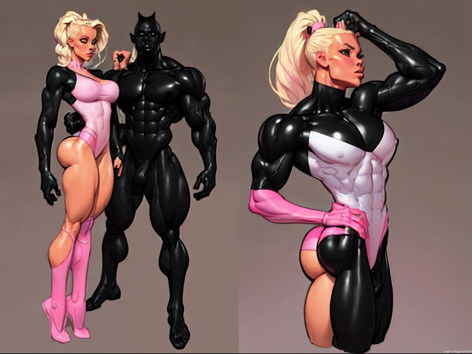 ((masterpiece)),(((best quality))),((character design sheet)), illustration,1man, boy, 1 girl, 1 woman, environment Scene change, ((man is (crotch bulge:0.9)(black skin:1.5)), muscular, (pink skin:1.2), white tshirt, white underwear, masculine, rugged, manly, sharp edges, heroic, pink legs, thick legs,)) (woman is blonde with ponytail)) scribbles and marks, no face, ((mannequin face:1.2)), rough sketches, pose too, white and black color palette, 8k,16k, (simple background, light background: 1.3)