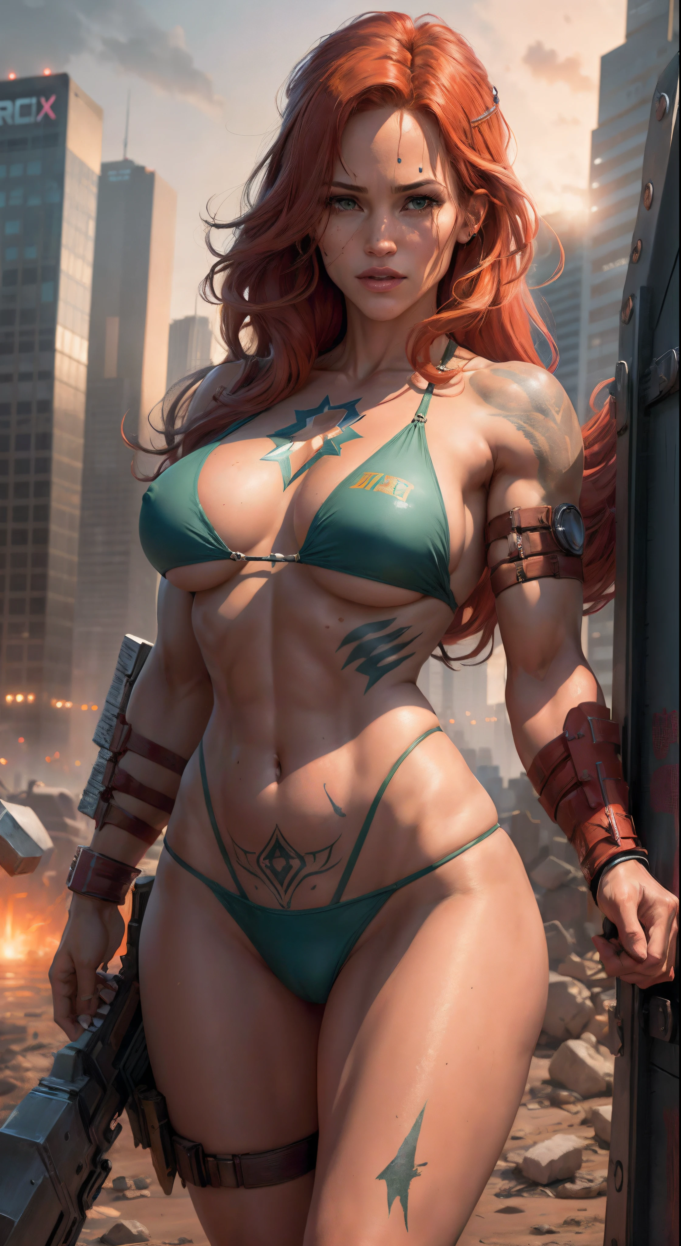 ((Jennifer Garner as Electra)), ((floss bikini top barely covering nipples)), ((warrior tattoos all over body)), ((random color outfit)), ((rear view)), ((Marvel hero crossed with Tomb Raider)), ((holding a shield and sifi weapon)), ((skimpy outfit)), (Masterpiece, 4k resolution, ultra-realistic, very detailed), (City in destruction), [ ((25 years), (long red hair:1.2), full body, (green eyes:1.2), (show of strength), ((sandy urban environment):0.8)| (cityscape, at night, dynamic lights))] # Explanation: The Prompt mainly describes a 4K painting of ultra-high definition, very realistic, very detailed. It shows a superheroine. The theme in the painting is a white superhero theme, the female protagonist has long red hair, is 25 years old and her entire body is shown in the painting.  cameltoe, camel toe