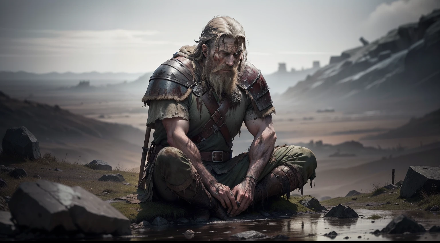 An exhausted elder viking warrior, covered in grime  blood, sits on a rugged rock, gazing intently at the fallen shadow's devils scattered across the aftermath of a brutal war.
