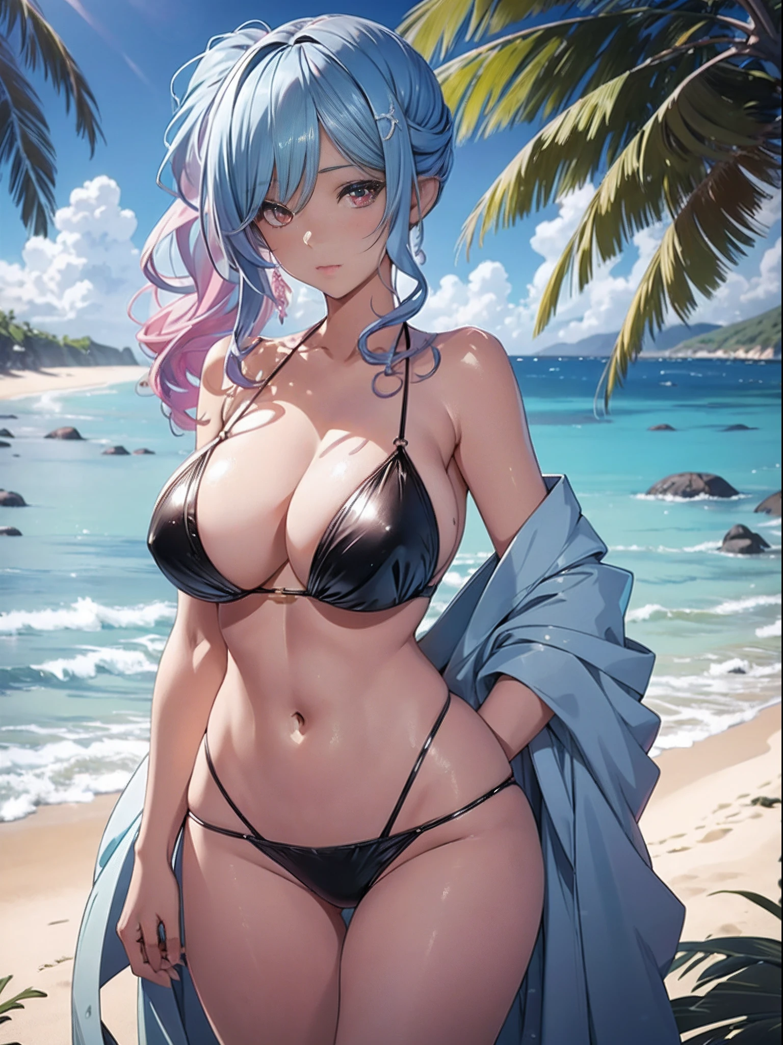 A woman in a bikini poses on a beach by the sea, seductive anime girls, beautiful and seductive anime woman, Guviz-style artwork, Perfect white haired girl, Guviz, Beautiful anime girl, ross tran. scenery background, in beach, Beautiful anime woman, trending on artstation pixiv, Extremely detailed Artgerm, Beautiful anime，huge tit，blush，