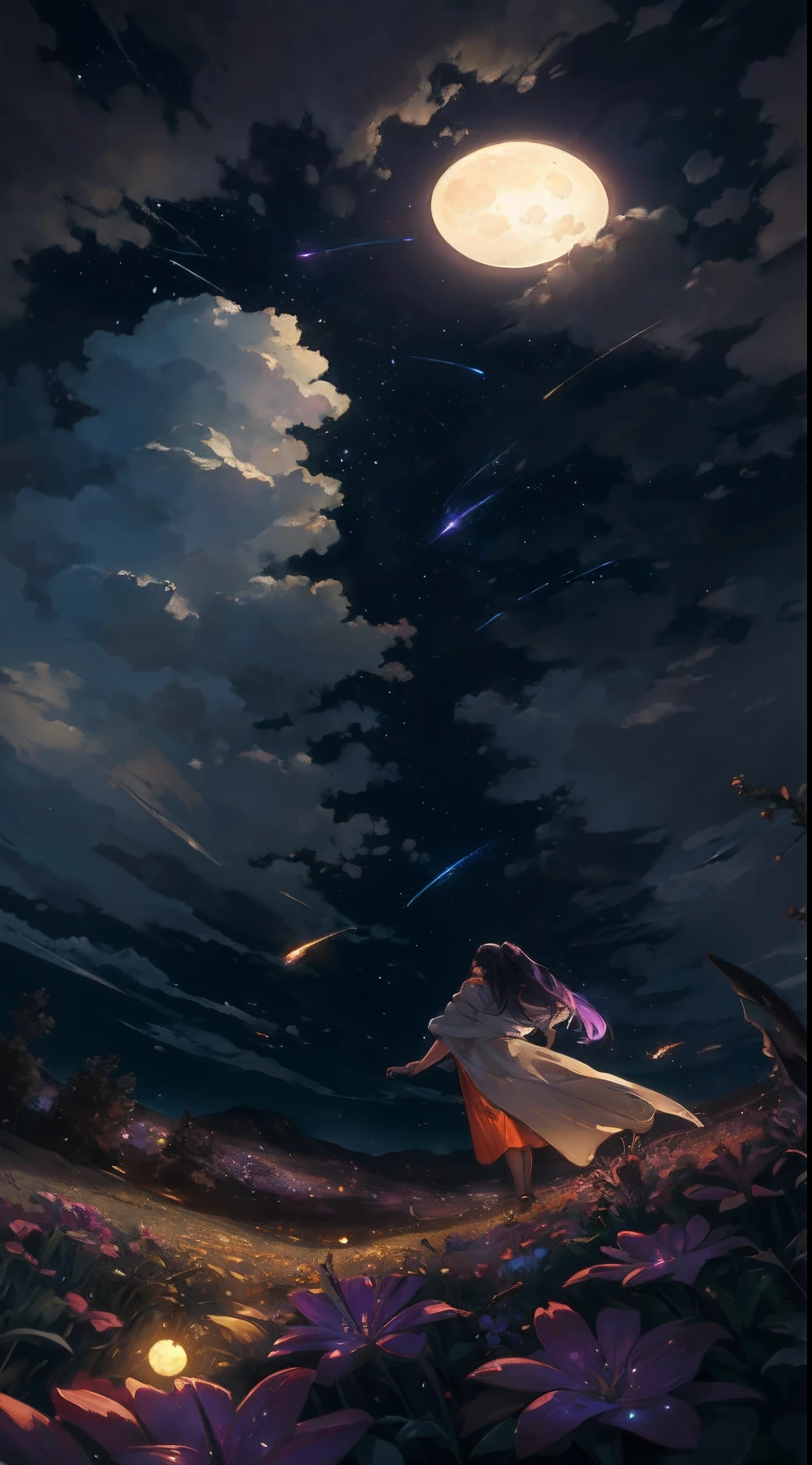 expansive landscape photograph , (a view from below that shows sky above and open field below), a girl standing on flower field looking up, (full moon:1.2), ( shooting stars:0.9), (nebula:1.3), distant mountain, tree BREAK
production art, (warm light source:1.2), (Firefly:1.2), lamp, lot of purple and orange, intricate details, volumetric lighting BREAK
(masterpiece:1.2), (best quality), 4k, ultra-detailed, (dynamic composition:1.4), highly detailed, colorful details,( iridescent colors:1.2), (glowing lighting, atmospheric lighting), dreamy, magical, (solo:1.2)