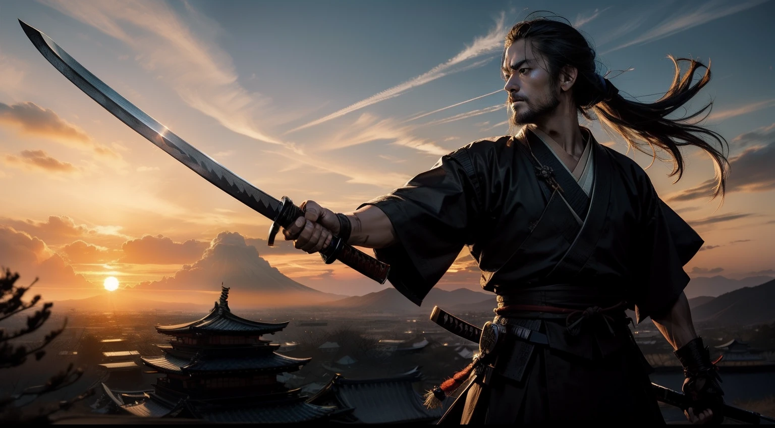 Sunset、The Last Samurai、samurais、Japan sword held high in the heavens、Large grasslands、Contre-Jour、Black Shadow、battle field