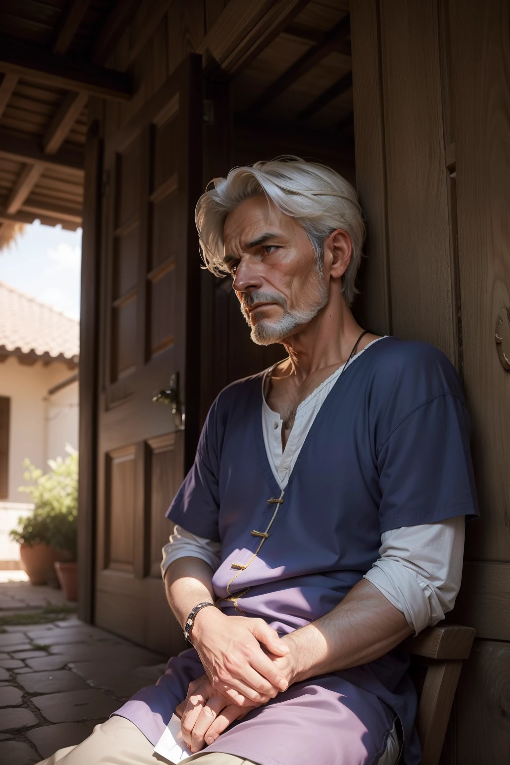 Generate images for this little story: 
Em uma pacata vila situada entre colinas, vivia um homem chamado Marcus. He was known throughout the village for his unwavering calm and wisdom. As pessoas muitas vezes procuravam o seu conselho em momentos de dificuldade ou incerteza, And he always had a comforting presence that seemed to bring solace to those around him.